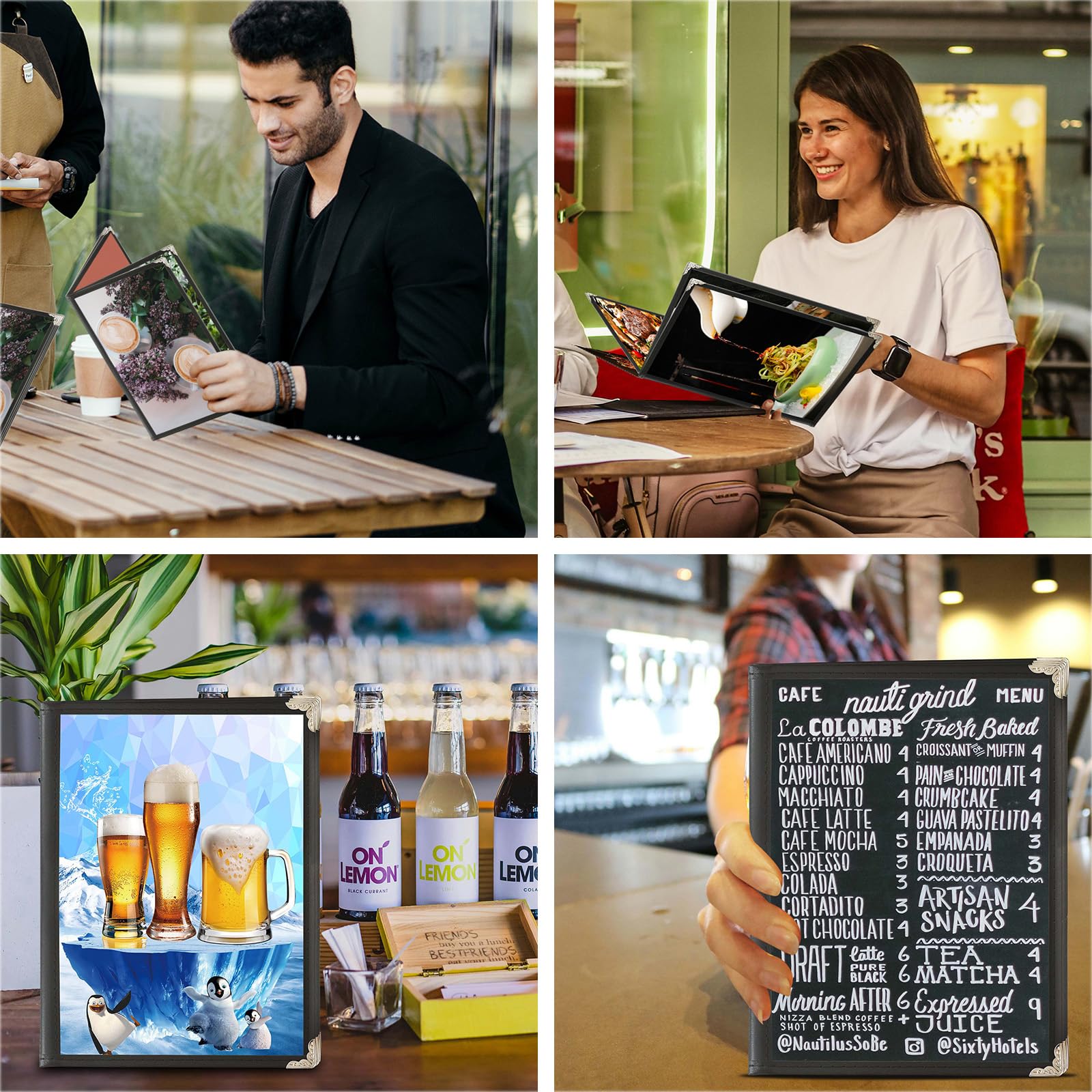Paquete de 4 cubiertas de menú A4, 4 páginas, 8 vistas, cubierta transparente para menú de restaurante para papel de tamaño A4 estándar, soportes de menú transparentes plegables negros con protectores