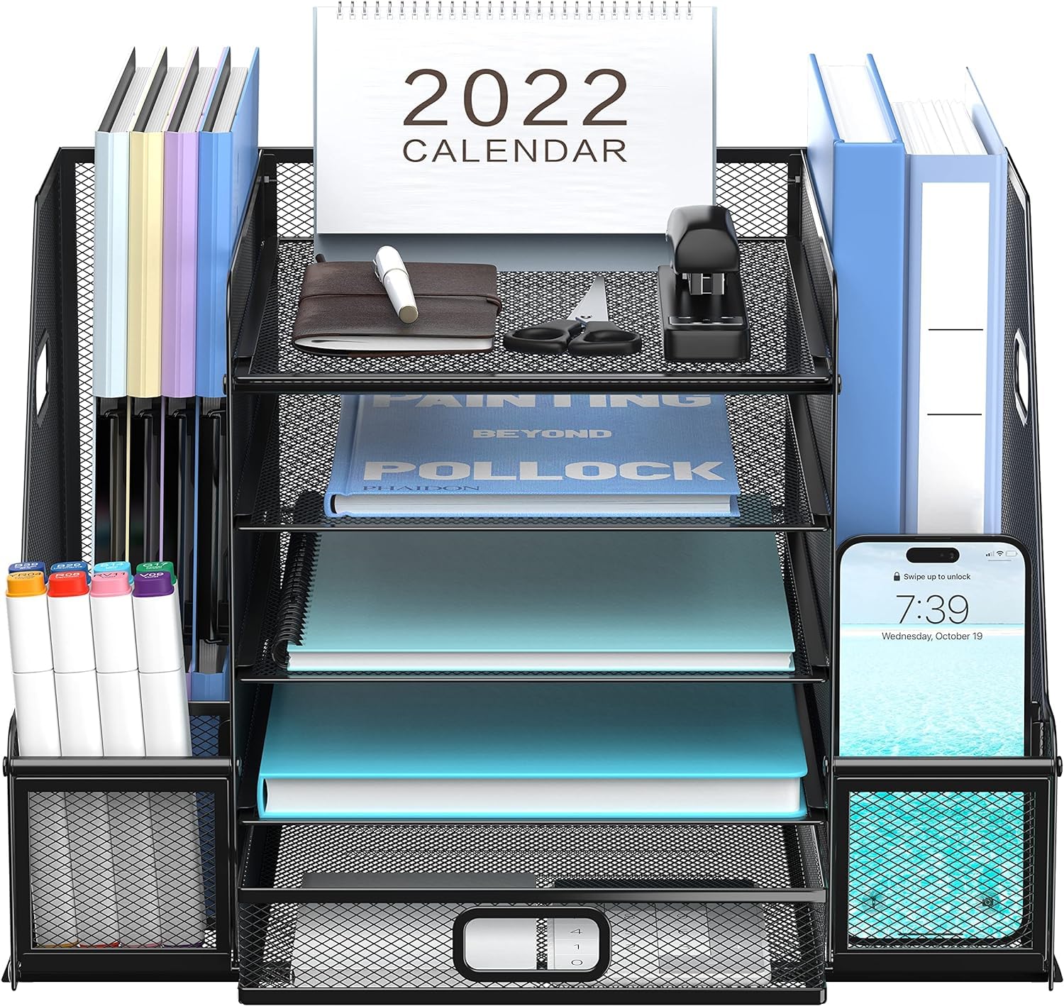SUPTIDY 5-Tier Desk Organiser with File Holder, Mesh Paper Letter Tray Organiser with Magazine Holder, Desk Tidy Storage with Drawer for Office Supplies Home or School, Black