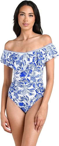 La Blanca Women's One Piece Swimsuit Off Shoulder Ruffle Bathing Suit, Lapis, 6