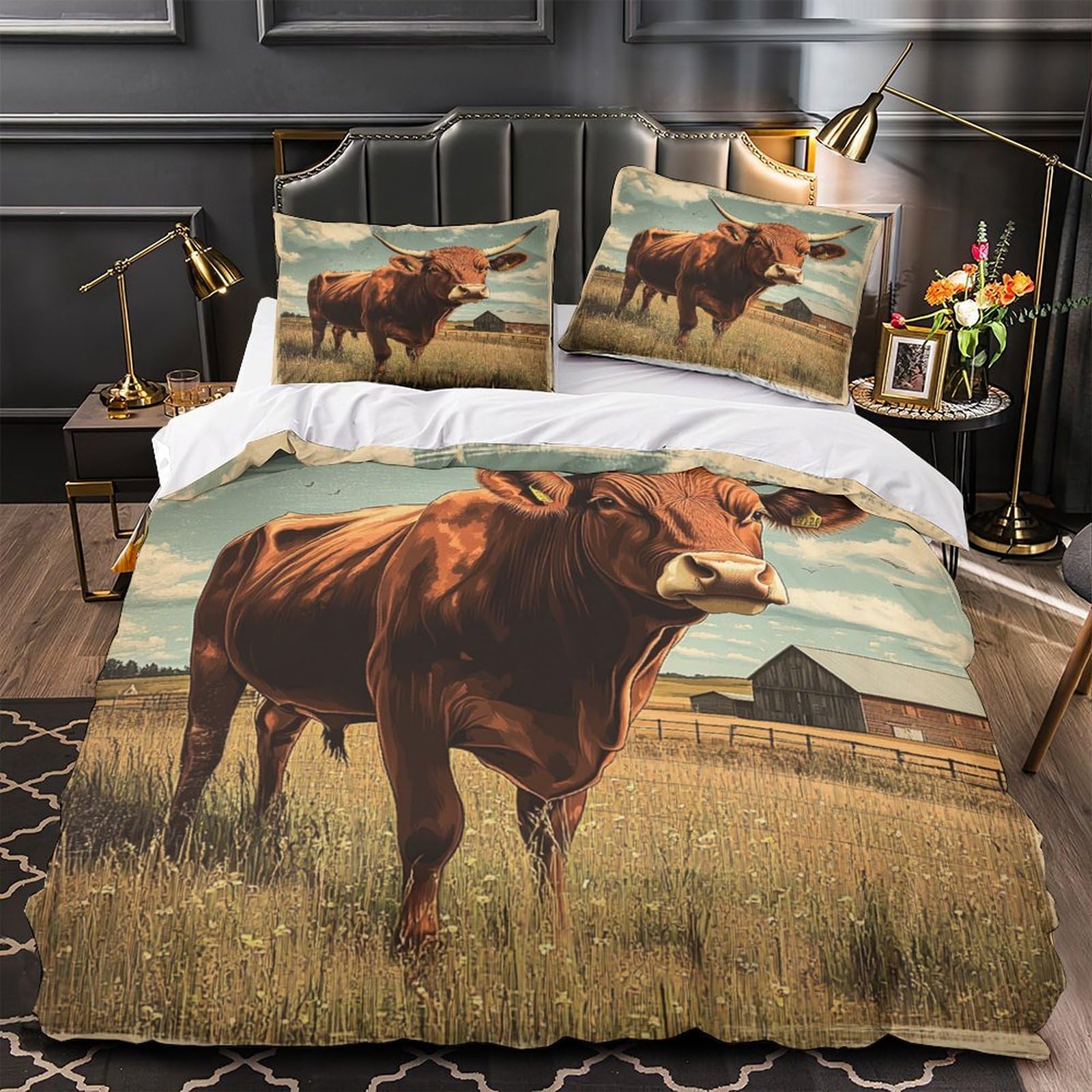 Drap de couette taureau 3D pour une déco de chambre style ferme rustique