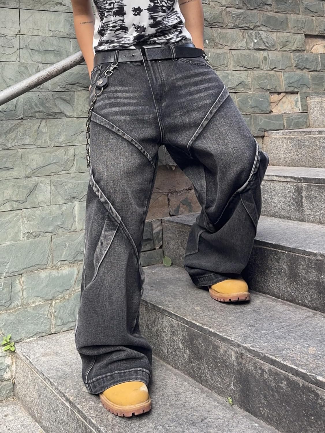 Mens Baggy Jeans Patchwork Y2k Hip Hop Wide Leg Denim Pants Casual Loose Fit Trousers Streetwear - Image 3