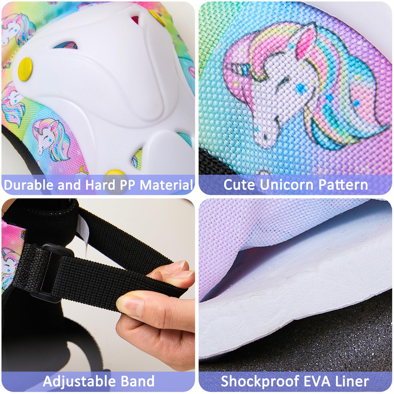 Unicorn Castle Knie- en Elleboogbeschermers voor Kinderen Meisjes 6-in-1 Verstelbare Beschermset met Trekkoordzak, 3-8 jaar