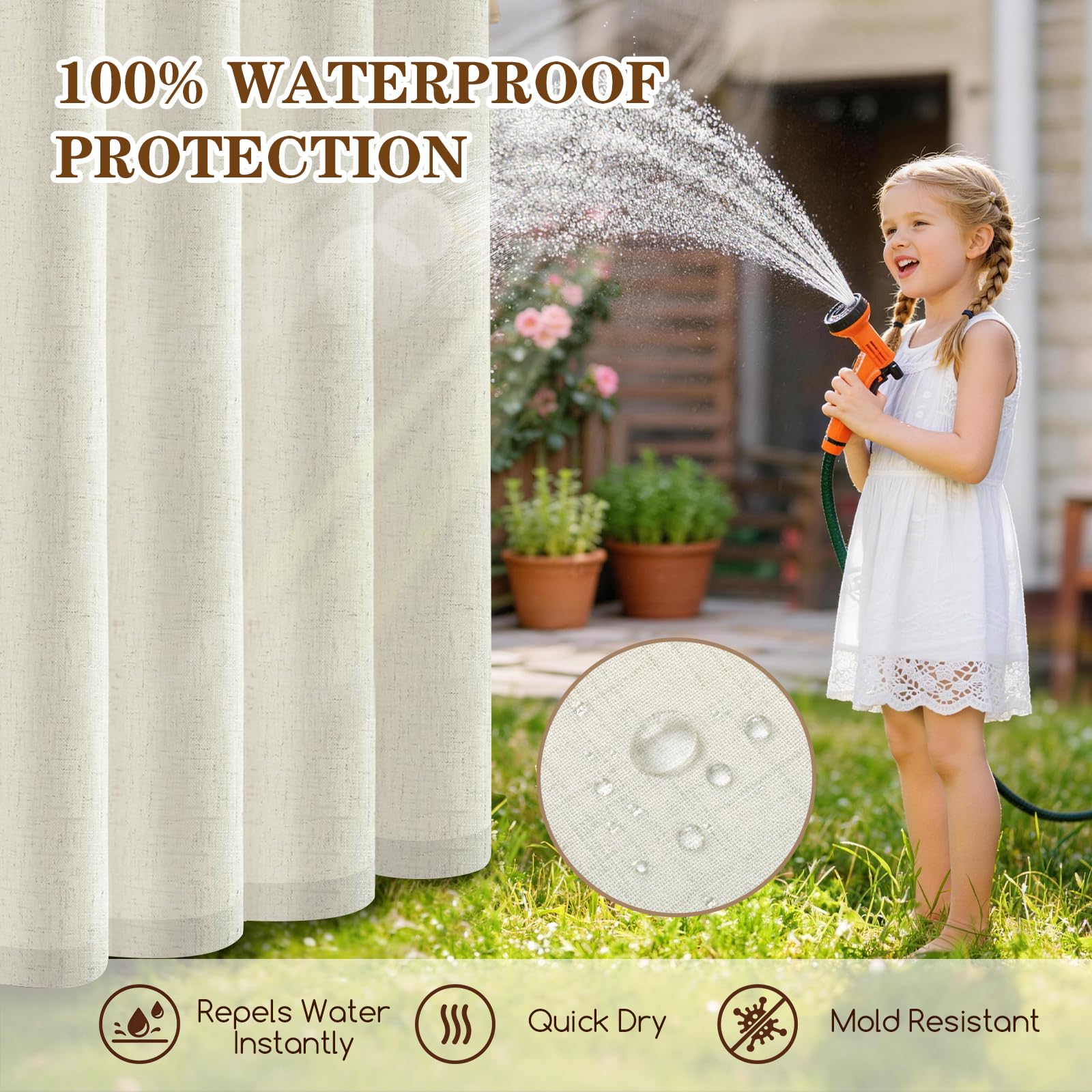 Cortinas Exterior Terraza Impermeable, 2 Piezas Lino Cortina Exterior para el sol con Anillos, Pergola Toldos Cortinas de Exteriores para Pergolas Balcon Jardin Patio Porche(132 x 215 cm, Beige) - 3