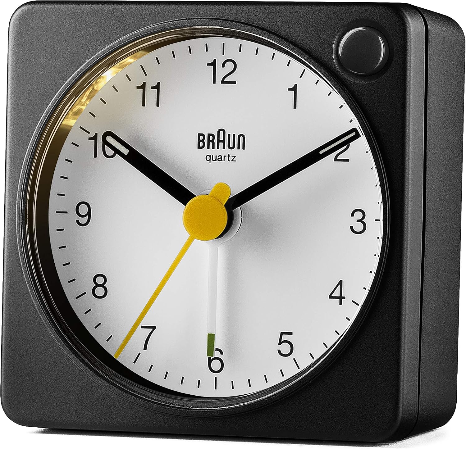 Braun Classic Analogue Travel Alarm Clock with Snooze Function and Light, Compact Size, Quiet Quartz Movement, Crescendo Alarm, Black and White Model BC02XBW