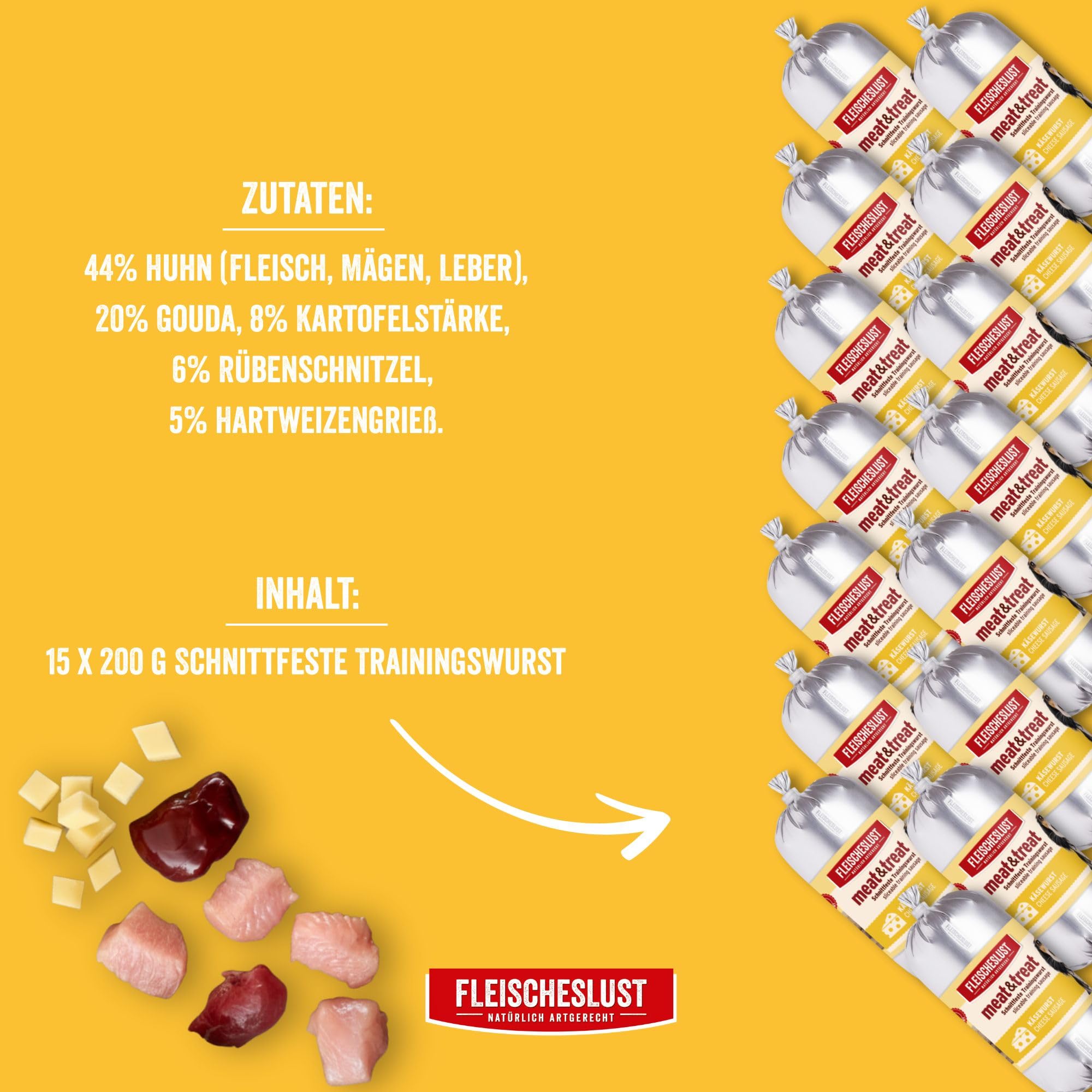 Fleischeslust Hundewurst, Meat&Treat Käsewurst (15x200g), schnittfeste Trainingswurst, Hundefutter für ausgewachsene Hunde