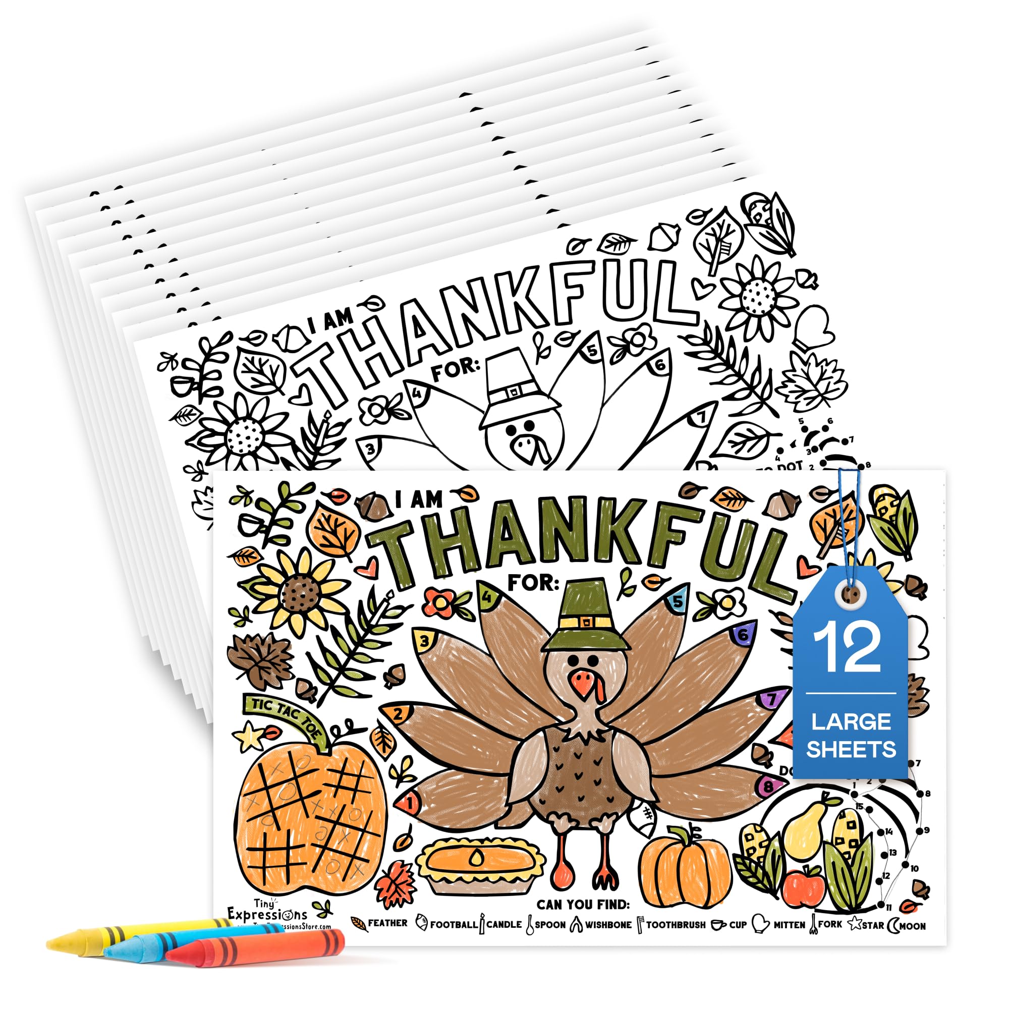 Tiny Expressions - Thanksgiving Coloring Placemats for Kids - Set of 12 Paper Placemats to Color, Turkey 'I Am Thankful for' Theme - Fall Thanksgiving Crafts for Kids