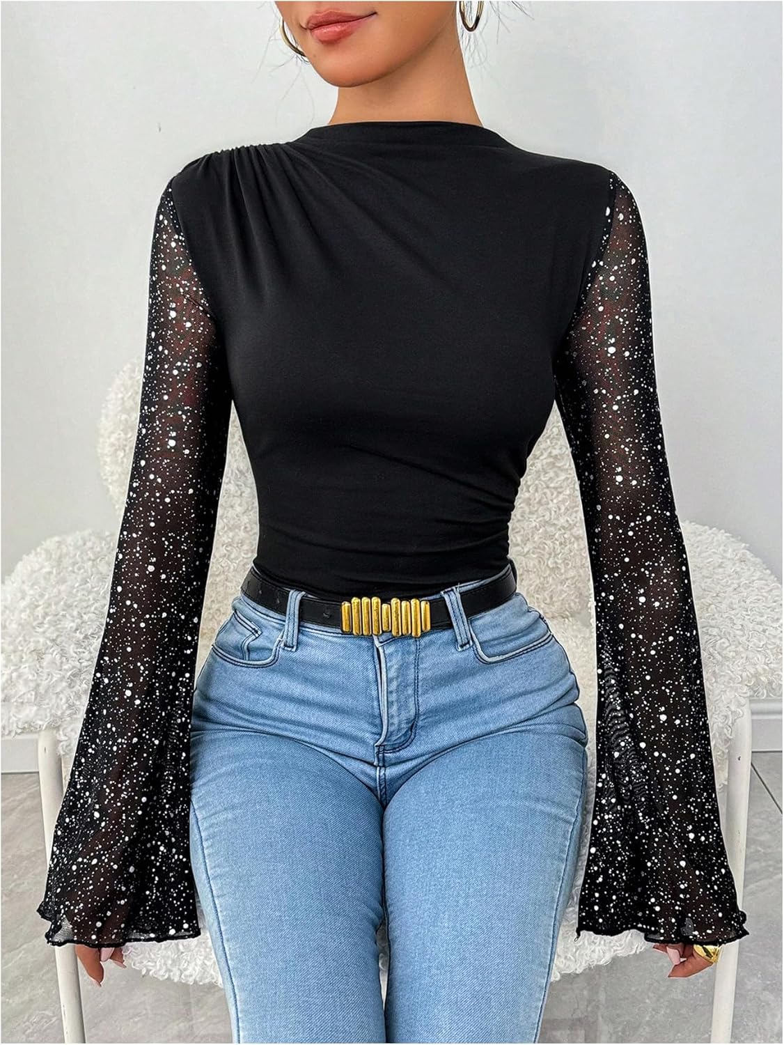 GORGLITTER Women's Mesh Turtleneck Long Sleeve Bodysuit Lace Ruched Blouse Bodysuits Going Out Trendy Outfits - Image 5