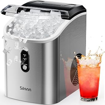 Silonn Nugget Ice Maker Countertop, Pellet Ice Machine with Self-Cleaning Function, Sonic Ice Maker Produces 33lbs of Chewable Ice in 24 Hours, Ideal for Home Kitchen and Office Stainless Steel-17T