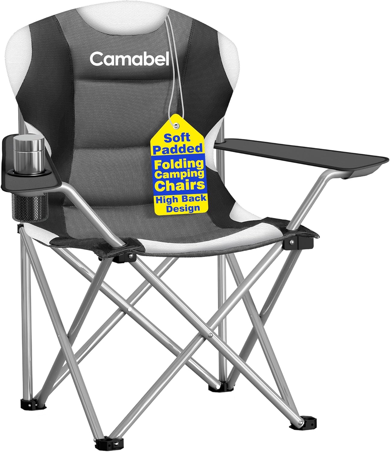 camabel folding camping chairs oversized heavy duty padded 400 lbs beach chair portable outdoor lawn chairs with cup holder carry bag for sporting hiking picnics fishing grey