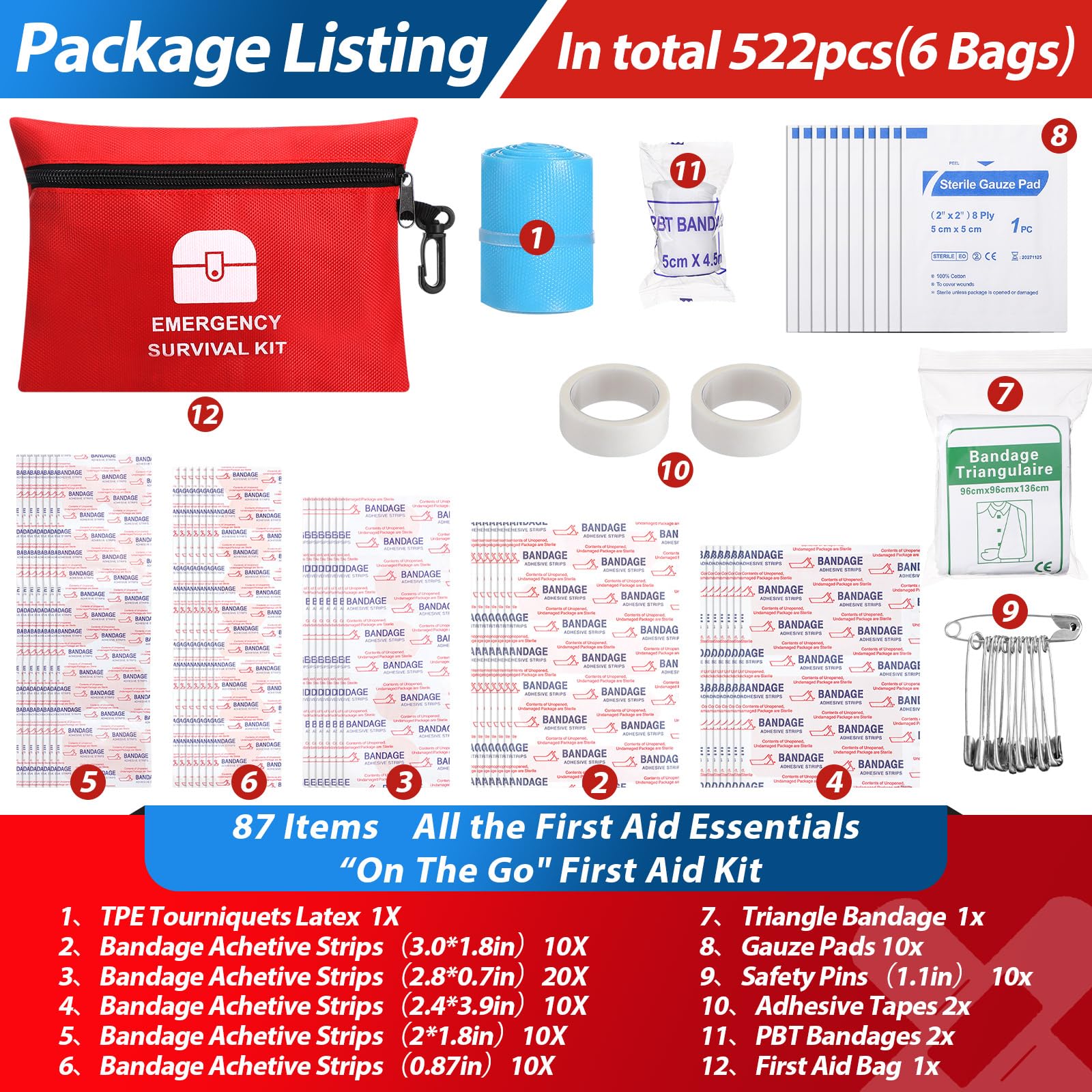 Geiserailie 522 pezzi Bulk Mini Kit di pronto soccorso Kit di sopravvivenza da viaggio Attrezzature di emergenza Viaggio Must Haves per la casa, auto, escursionismo, posto di lavoro all'aperto