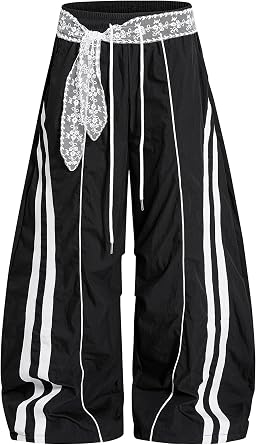 MOKEWEN Y2K Baggy Barrel Pants for Women Men, Lace Waist Wide Leg Joggers, Harajuku Grunge Streetwear Trousers
