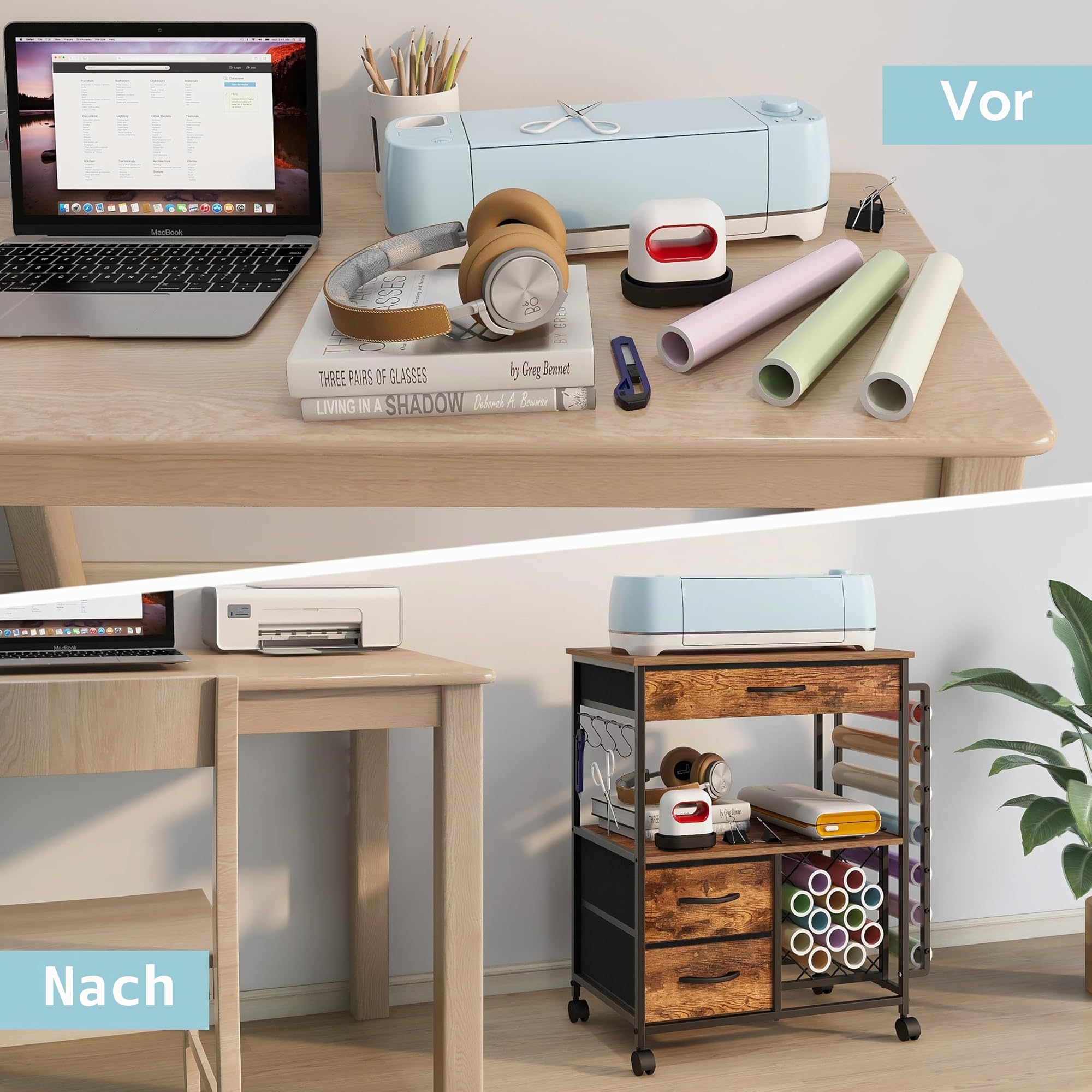 Trironsun Aufbewahrungswagen kompatibel mit Cricut-Maschinen Rollschrank Handwerksschrank mit Schubladen und Vinylrollenhalter, mobiler Ständer für Stations-Schneidemaschine
