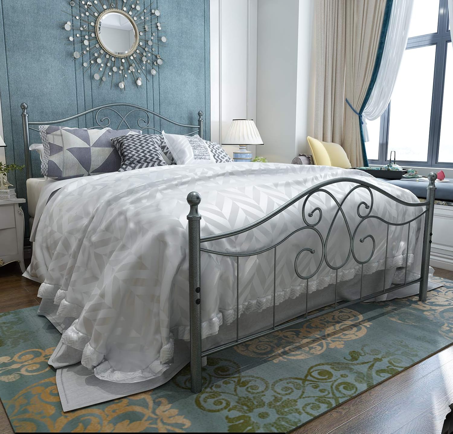 YALAXON Marco de cama de metal resistente vintage tamaño Queen con cabecero y estribo, base de cama básica, no necesita somier (Queen, gris plateado)