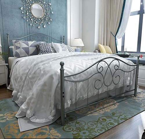 YALAXON Marco de cama de metal resistente vintage tamaño Queen con cabecero y estribo, base de cama básica, no necesita somier (Queen, gris plateado)