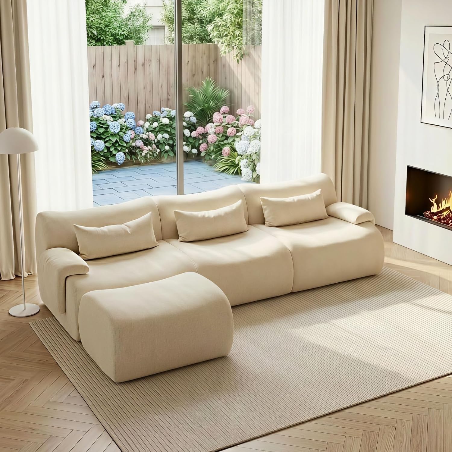 Dreamzie 117" Cloud Sofa Sectional, L-Shaped Boneless Couch with Movable Ottoman, Oversized Deep Seats, Modular Couch for Living Room, No Assembly, Gray Chenille