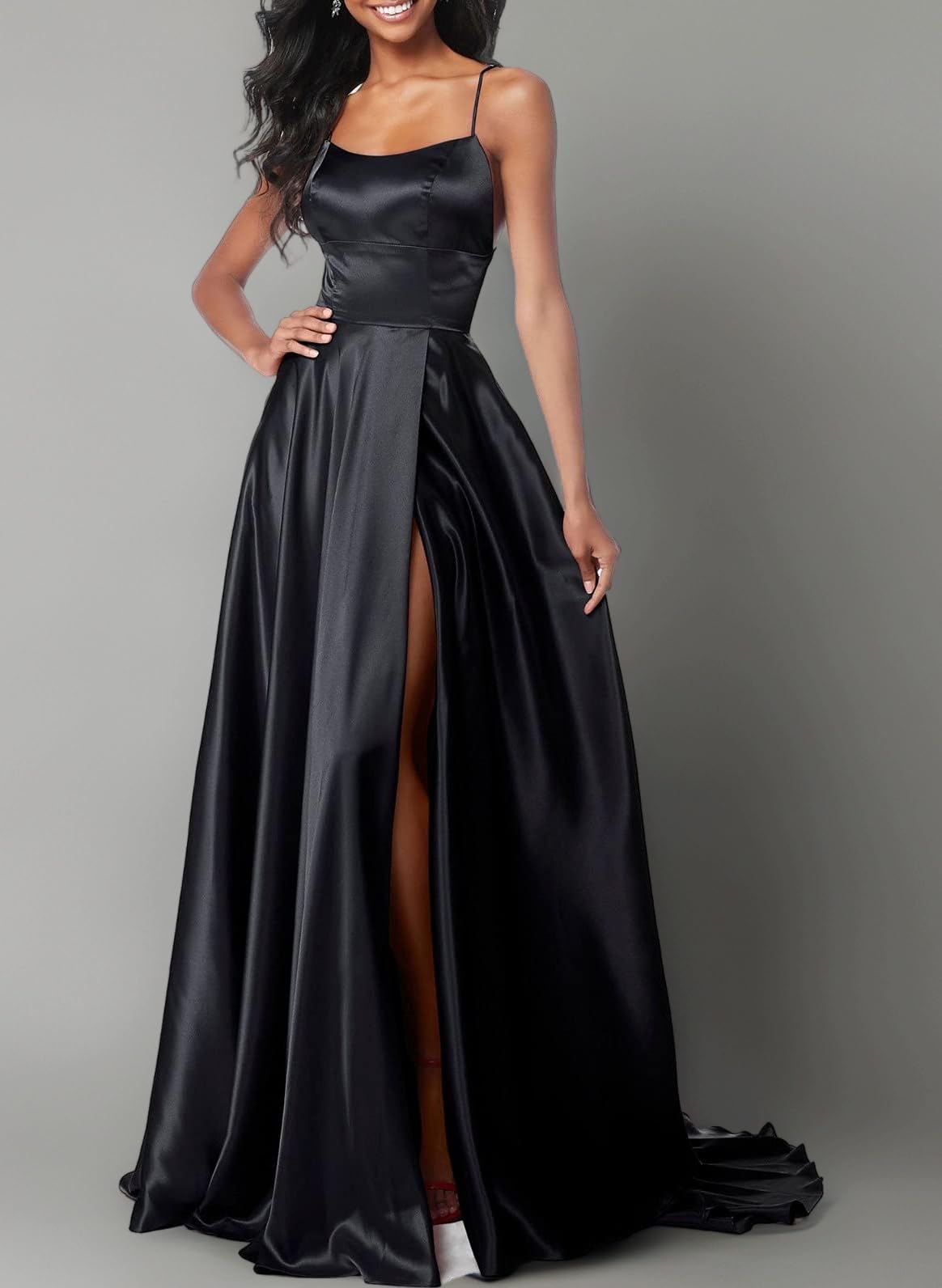 Long Satin Spaghetti Strap Prom Dress