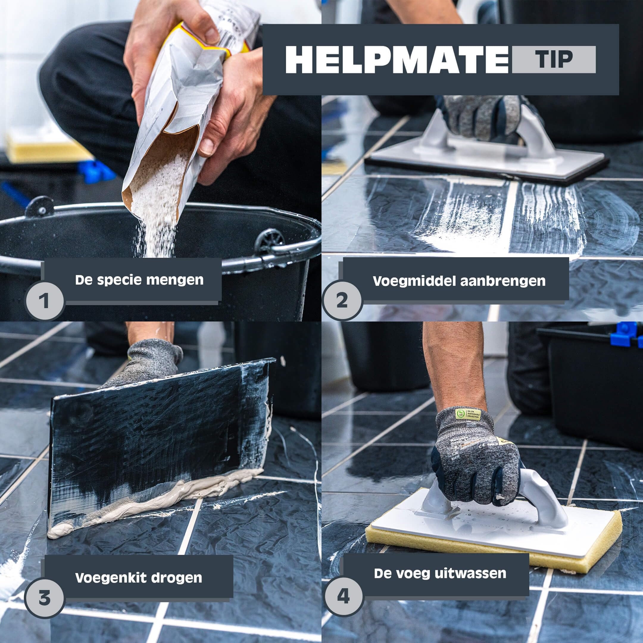 HELPMATE set de lavage de carreaux 5 pièces : seau en plastique de 12 litres, double rouleaux, taloche éponge et taloche à joints en plastique. Fabriqué en Allemagne