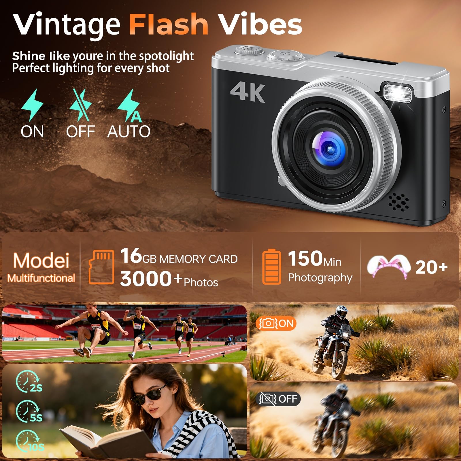 Appareil Photo Numérique 4K Digital - Maxmango 64MP Appareils Numérique avec Écran Rabattable 180° - 2.4" Camera pour Vlog avec Carte 16GB - pour Débutants, Adolescents, Vlogging - Noir