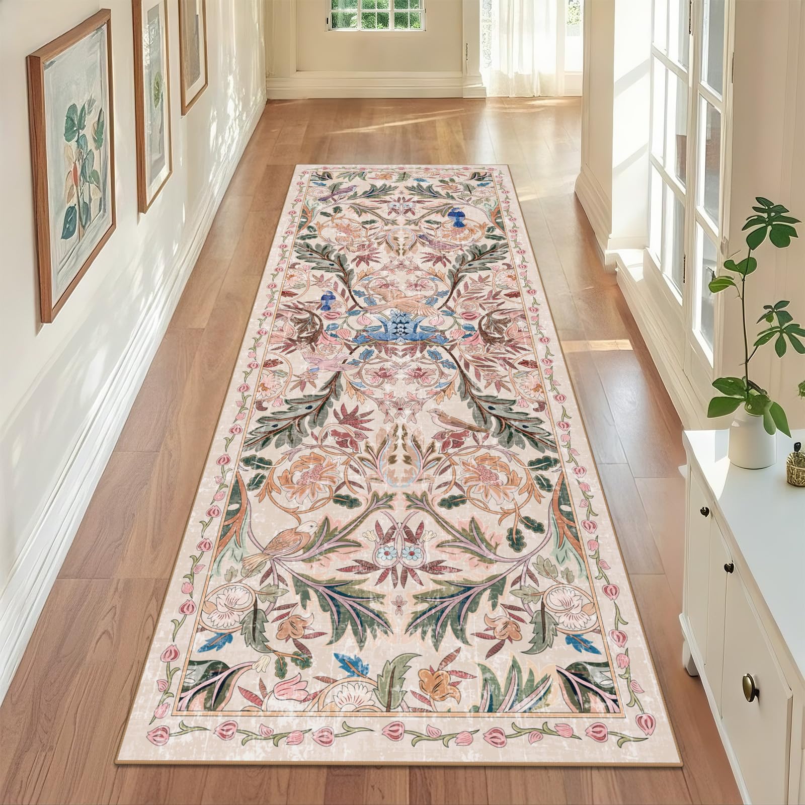 TUKDAK Hallway Runner Rugs Pink 80×200cm, Birds Kitchen Carpet Runner with non-slip Rubber backing, Washable Long Hall Carpet Floor Mat for Entryway Bedroom Laundry Living Room Non Shedding