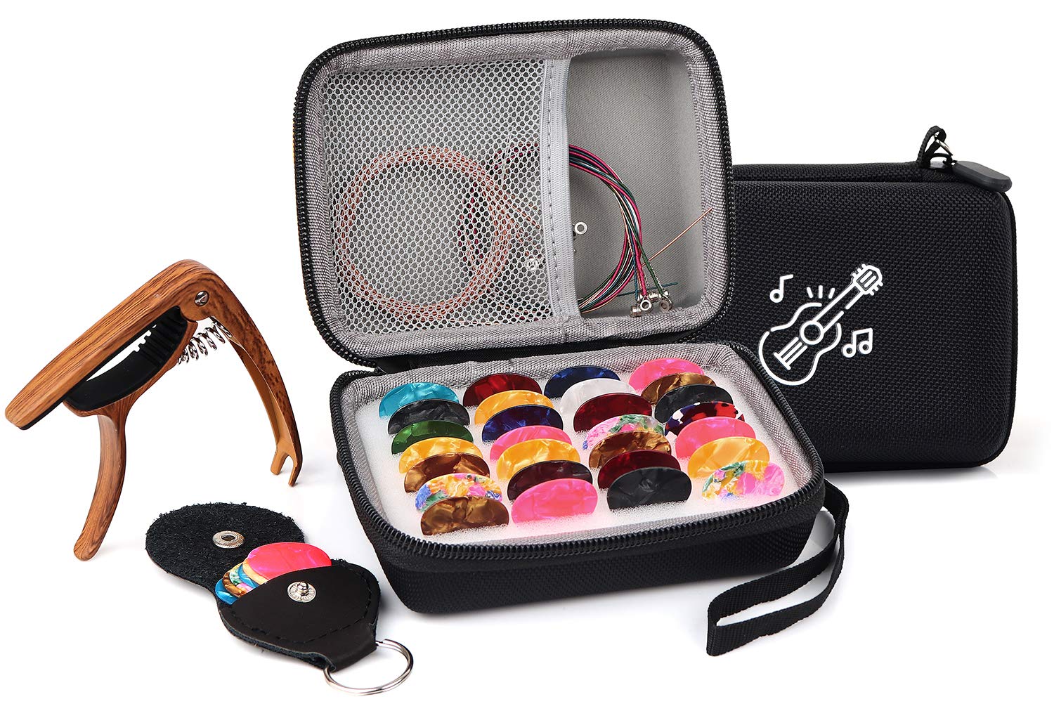 PlasMallerGuitar Pick Holder Case Bag Set, included Upgrade Capo + Guitar Strings + 30pcs Acoustic Electric Guitar Colorful Picks + Little Picks Holder (Black)