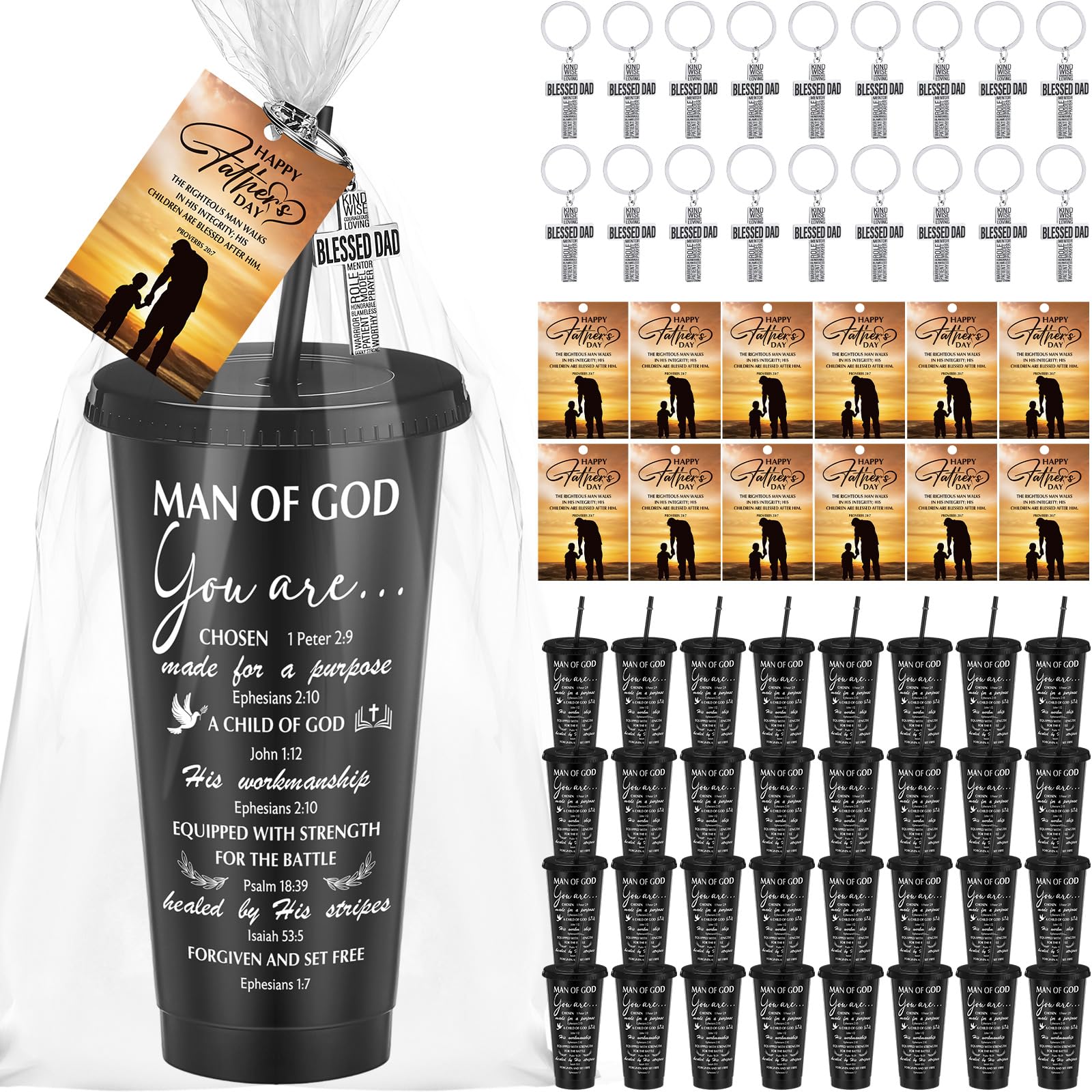 Skylety 40 Sets Father's Day Cup Gift Set Inspirational Christian Gift Bible Verse Tumbler Bulk Cups with Lids and Straws 24 oz Plastic Tumbler Religious Plastic Cup for Church Party Favor