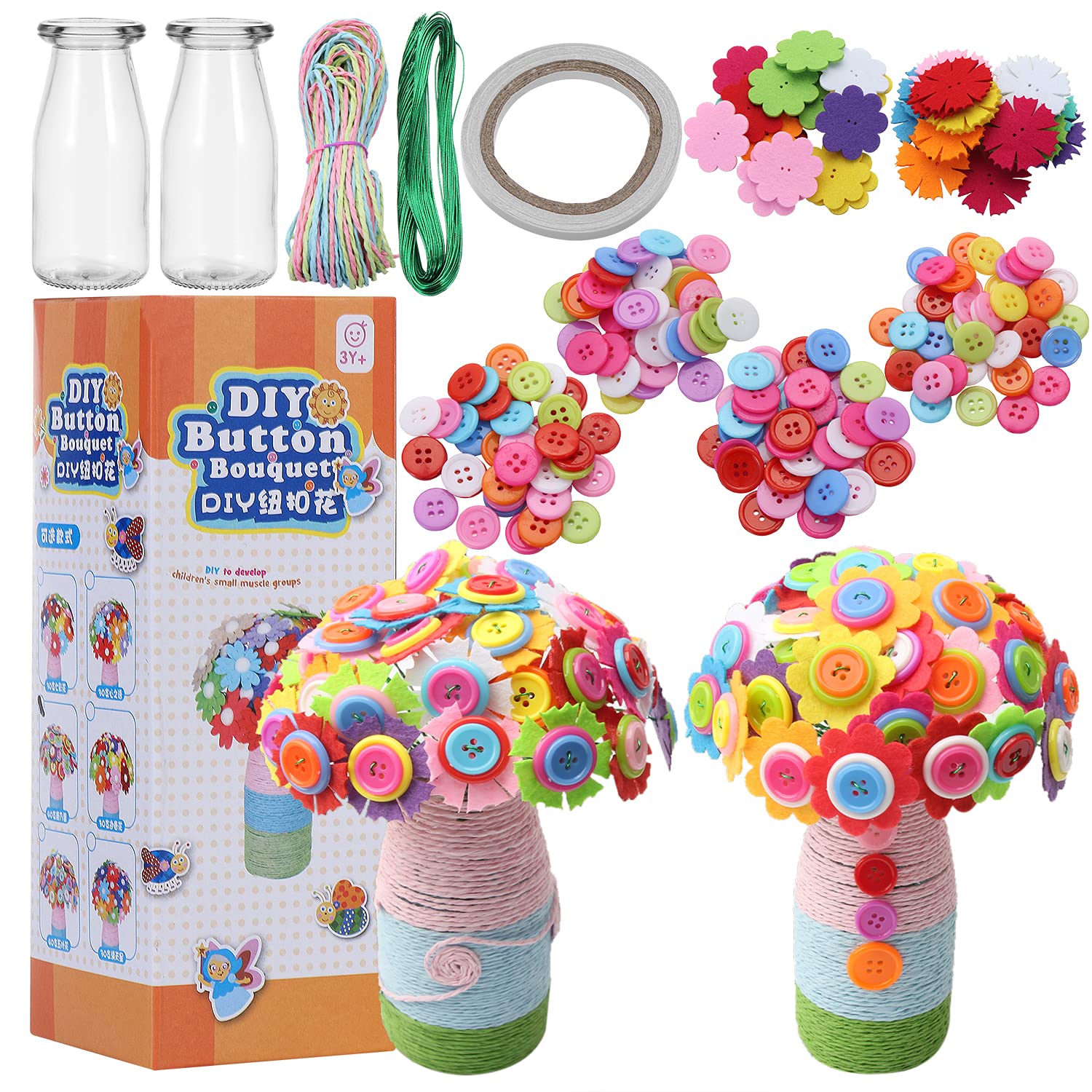 Aonokey DIY Buttons Flower for Kids, Ideal Gifts Bouquet Craft Kit with Buttons Vase and Felt Flowers Art for Boys & Girls Age 4 5 6 7 8 9 10 Year Old