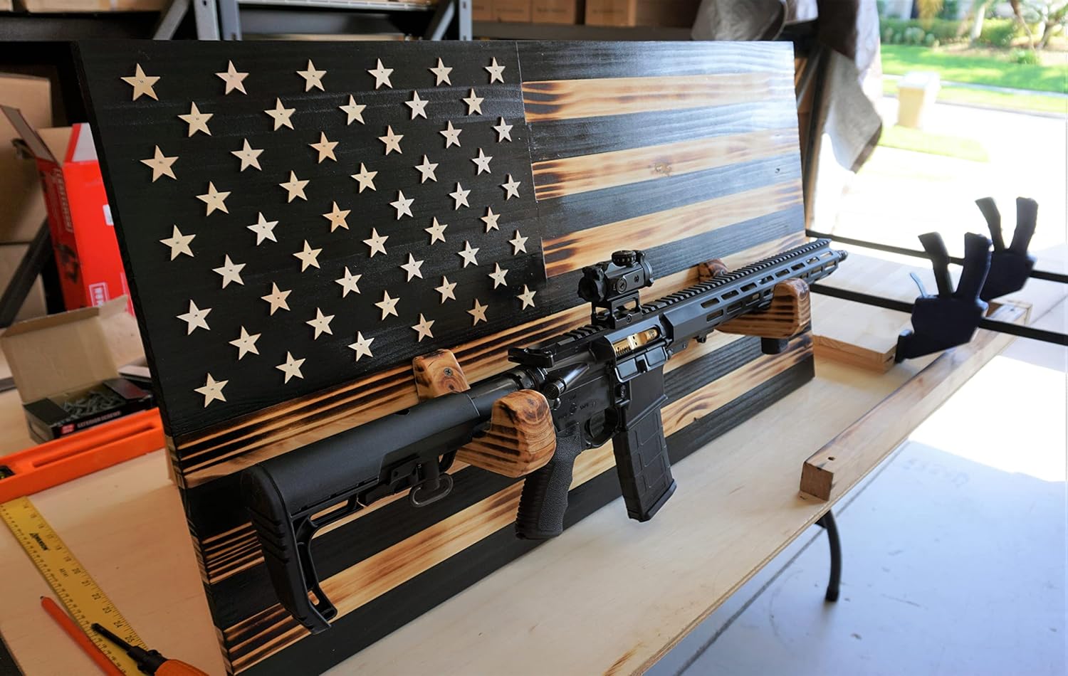 Wooden Rustic American Flag with Gun Rack 36” x 19.5” Black Made in the US Gifts for Men, Gifts for Hunter, Gifts for Military Men