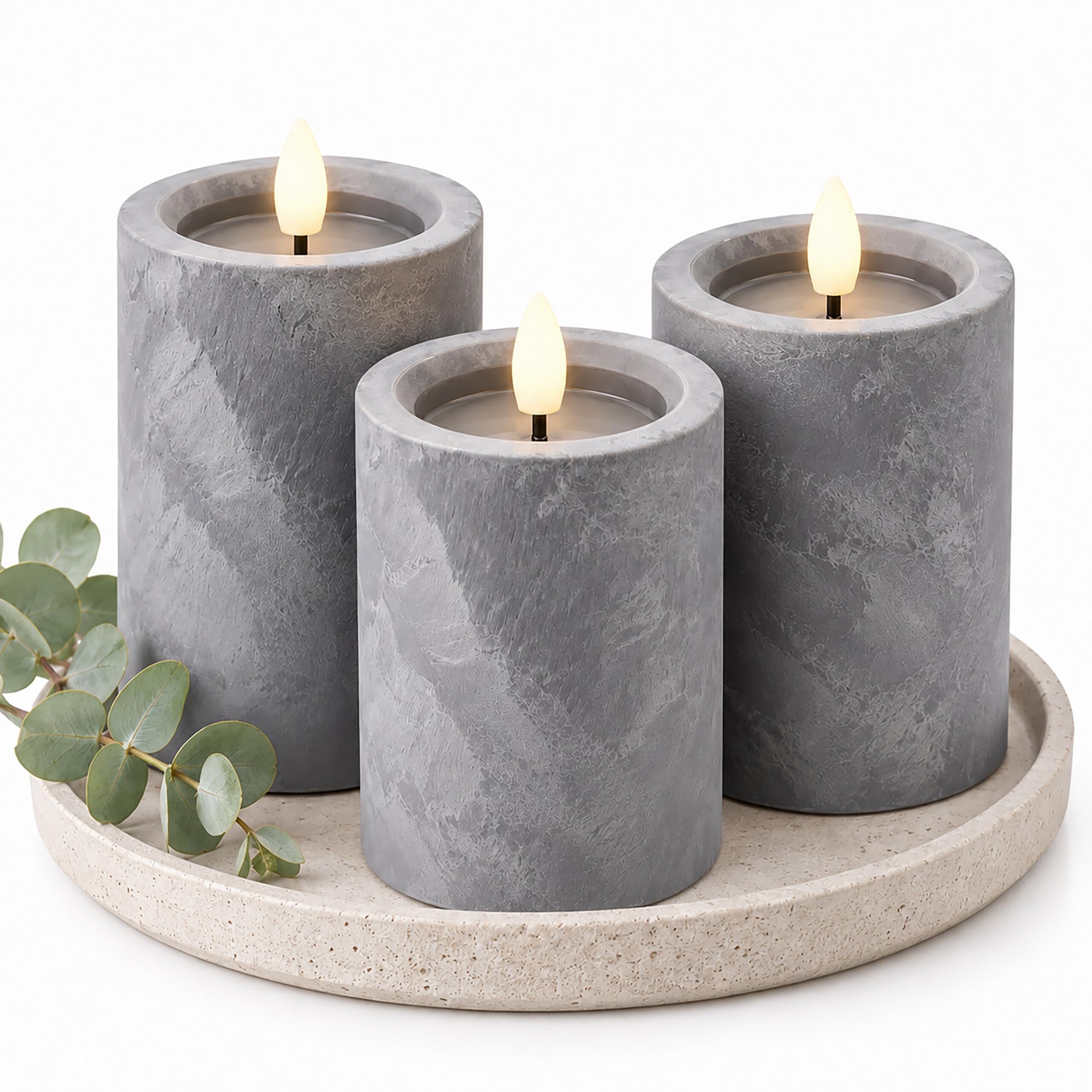 Relaxdays LED Kerzen, 3er Set, HxD: 12,5 x 7,5 cm, grau | flackernde Flamme, Timer, Betonoptik, flammenlose Stumpenkerzen