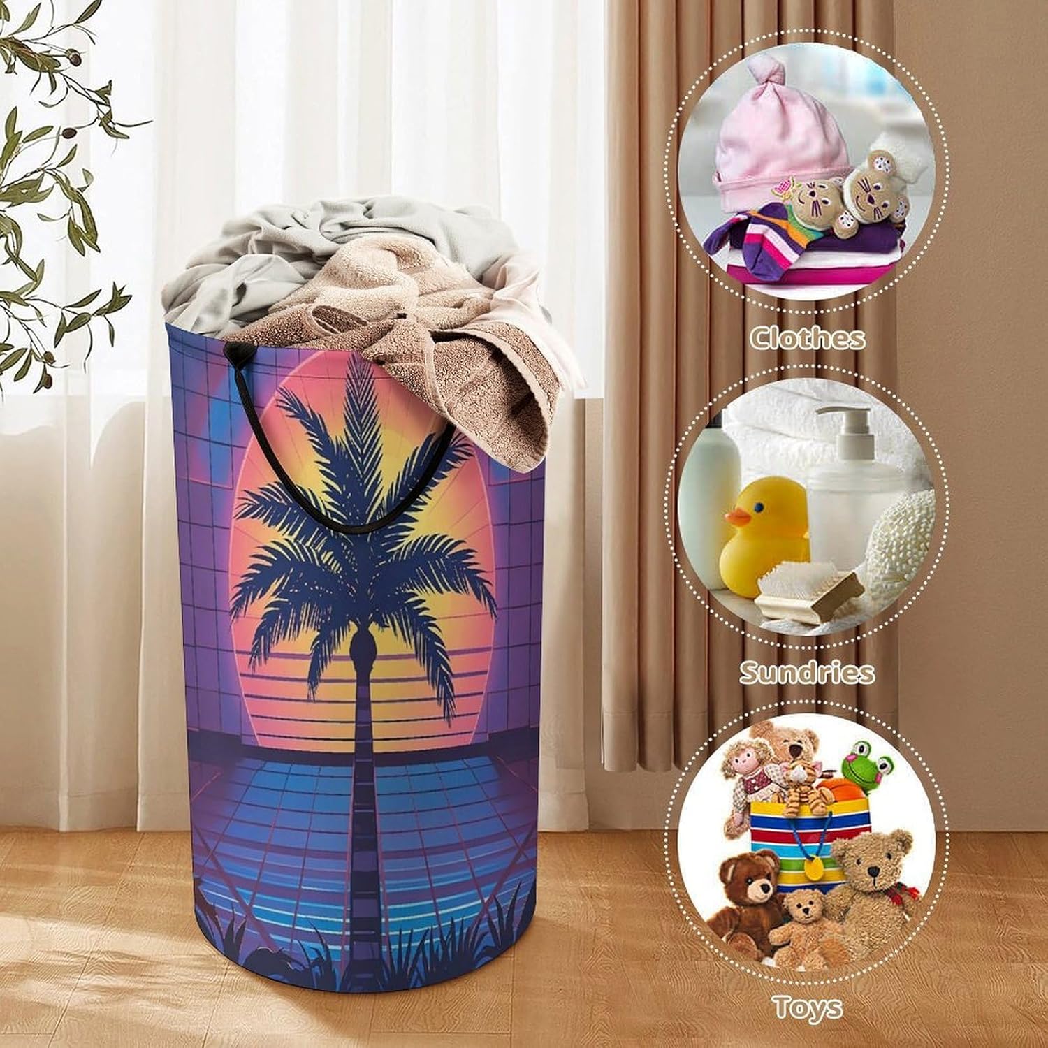Palm Tree Sun And Grid Laundry Hamper Large Collapsible Laundry Basket with Handles Waterproof Clothes Hamper Portable Dirty Clothes Basket for Bedroom Laundry Room Closet Bathroom