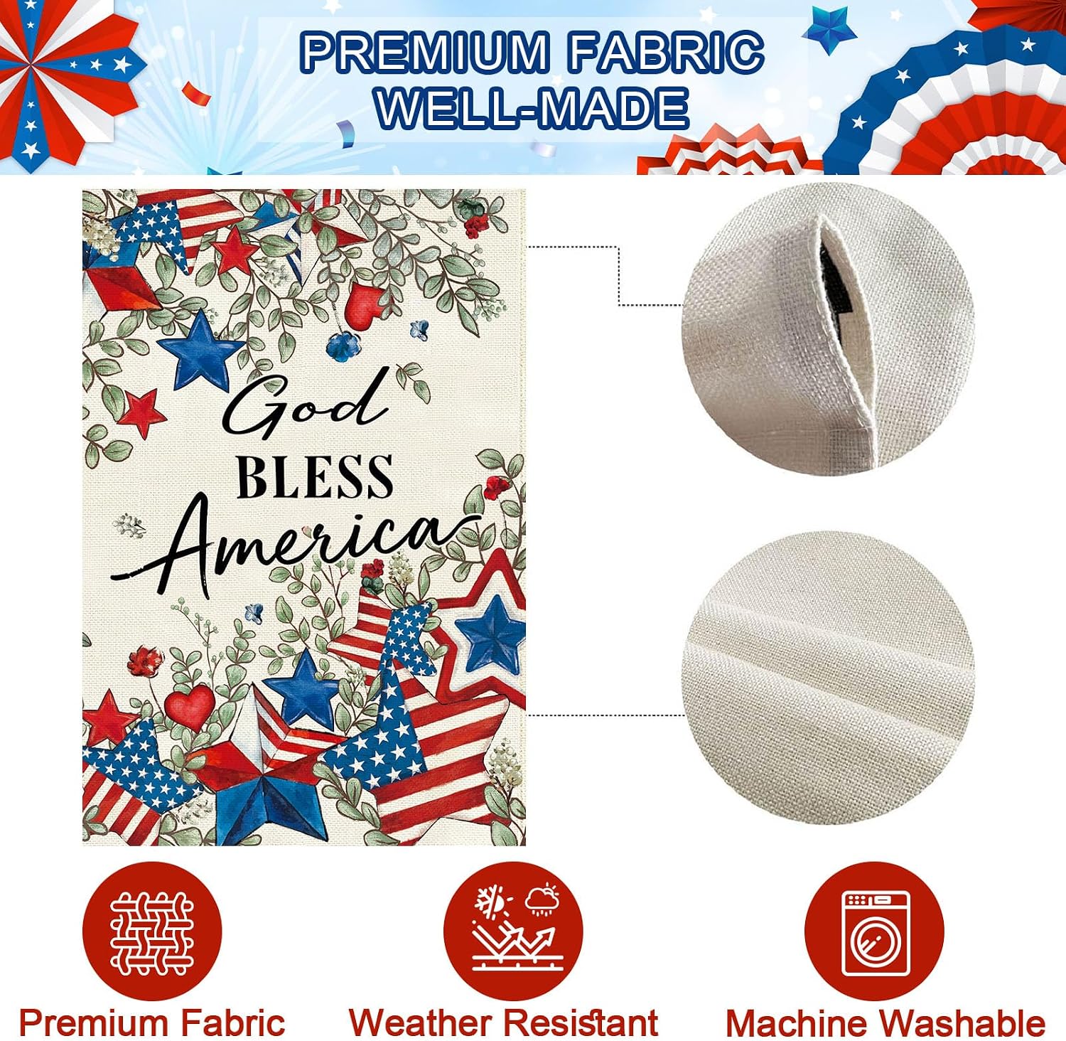 Baccessor Patriotic House Flag 28 X 40 Inch, Double Sided Burlap 4th of July Memorial Day Stars Floral Welcome Large Yard Flag for Porch Patio Seasonal Holiday Outdoor Outside Decor