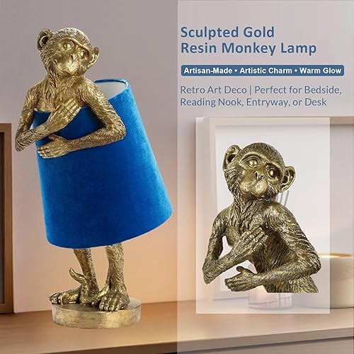 Miniatura 5 de Crestview Collection Lámpara de mesa Monkey  Bonita lámpara de resina dorada, lámpara de escritorio retro rústica Art Deco con pantalla de