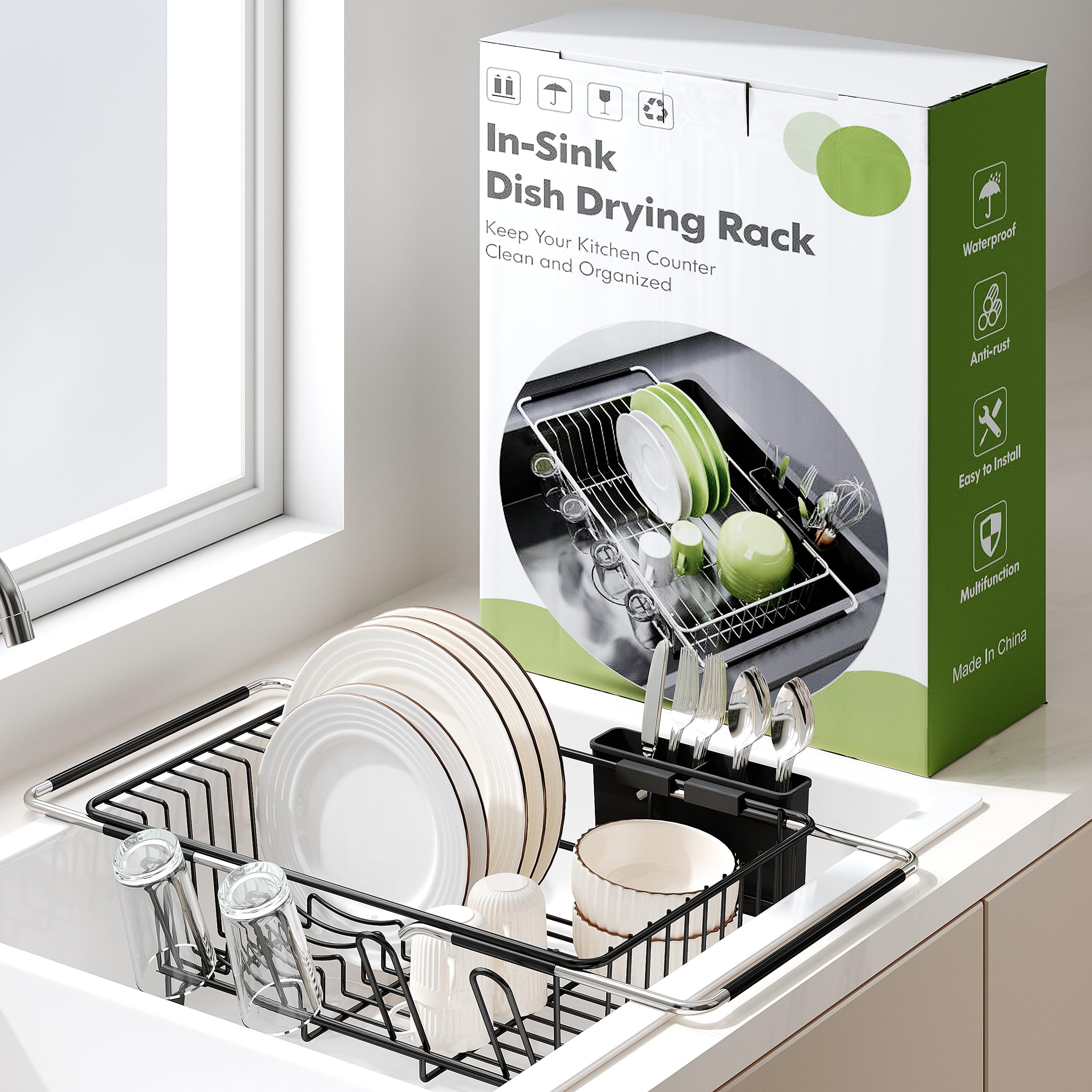 Over the Sink Expandable Dish Drainer Drying Rack In Stainless Steel for Small Kitchen, Counter Space Saving Modern Compact Metal Above Plate Dryer Strainer, Adjustable Hanging Inside Drain Holder