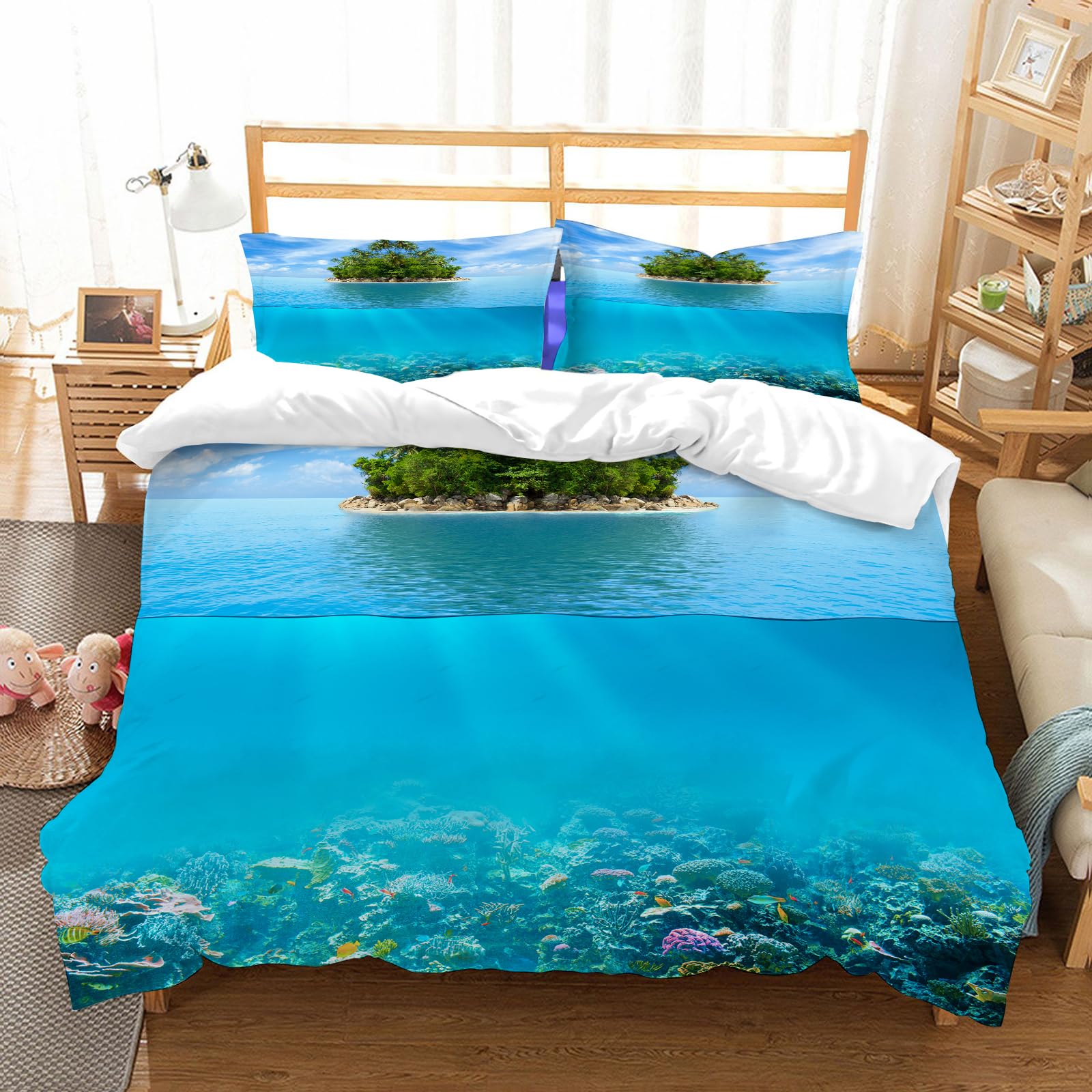 Parure de lit 200x228cm 100% microfibre avec 2 taies d'oreiller motif île tropicale