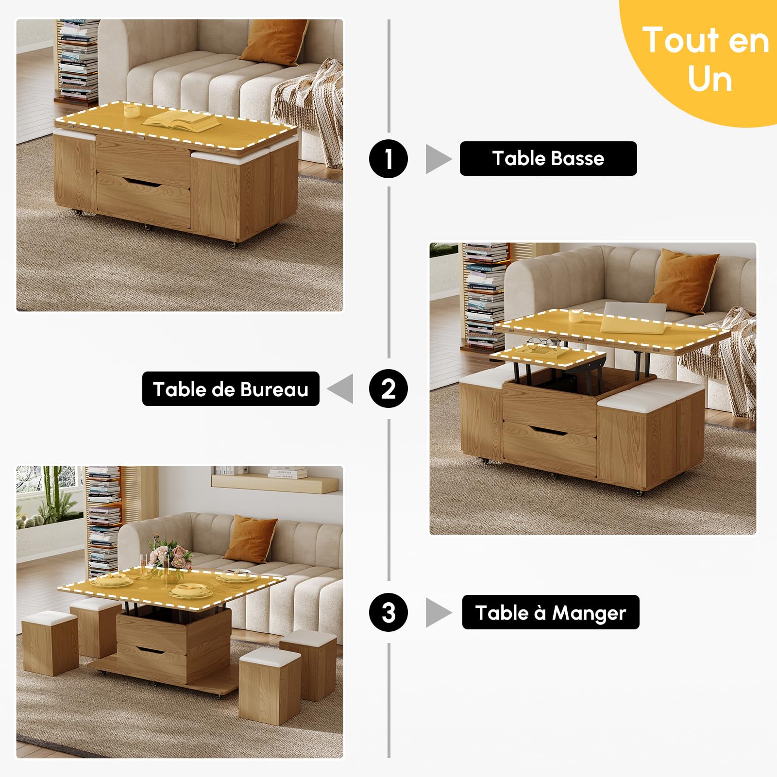 Homary Table Basse Relevable en Bois avec 4 Chaises Cachées Moelleuses, Tournante Hydraulique, Mode Bureau Salle à Manger, Rangement Intégré, Meuble Moderne Multi-Fonction Claire
