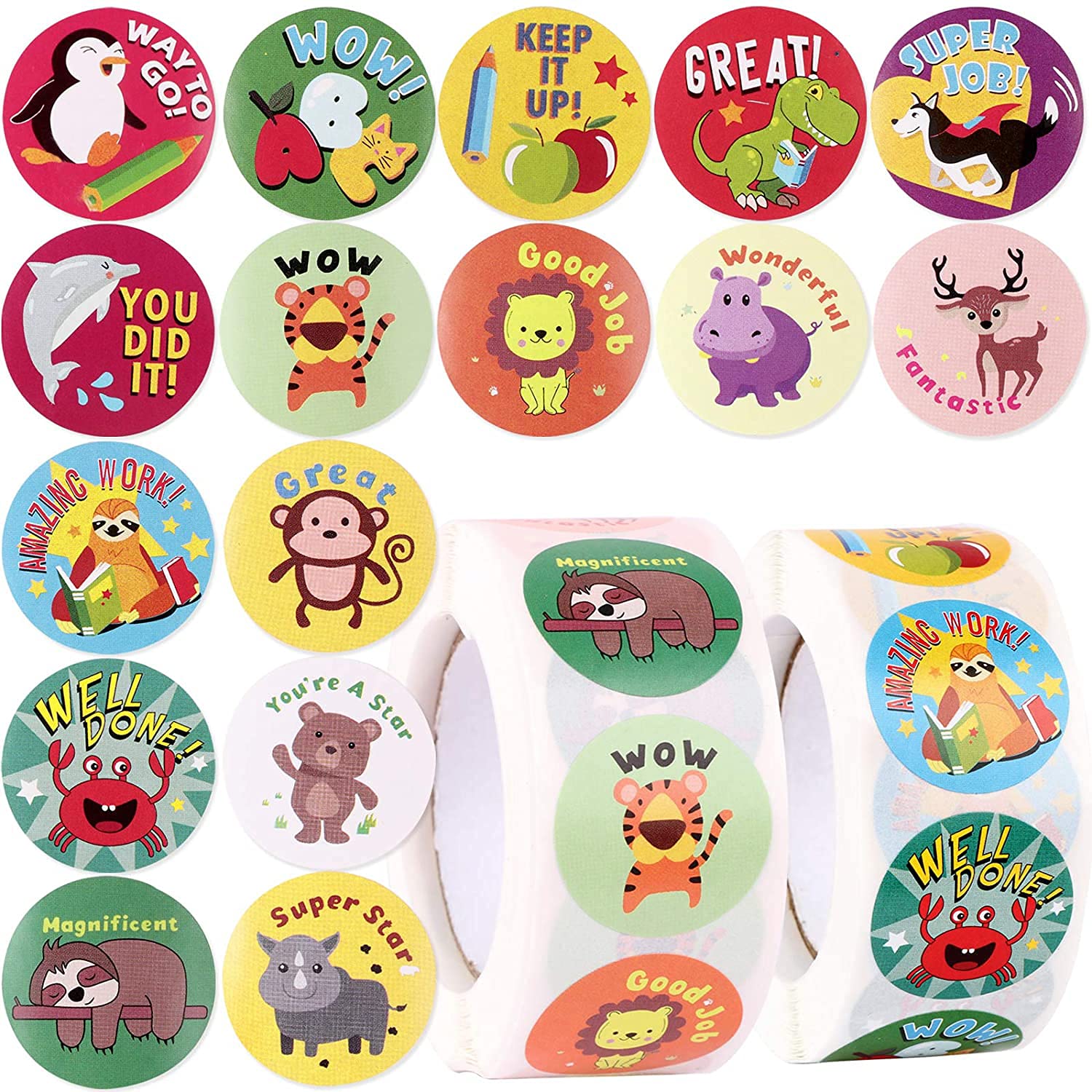 ELECDON 1000Pcs Reward Stickers, Roll Animal Cartoon for Kids, Lovely Stickers Fun Motivational Sticker Label, for Teacher Children Kids Classroom Nursery School Supplies(2 Roll, 1 Inch)