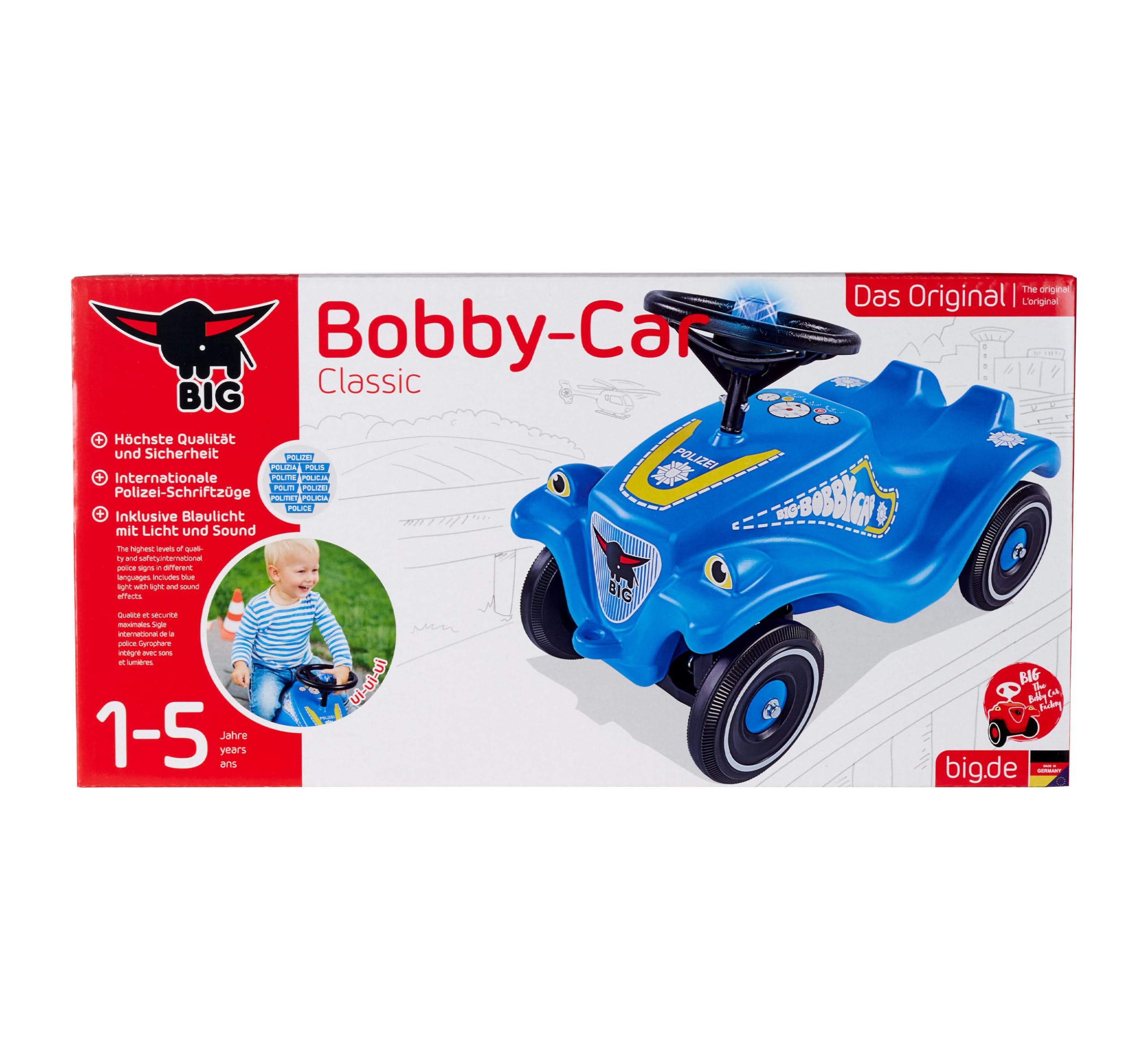 Big-Bobby-Car Classic Police - Kinderfahrzeug mit Aufklebern im Polizei Design für Jungen und Mädchen, belastbar bis zu 50 kg, Rutschfahrzeug für Kinder ab 1 Jahr, blau