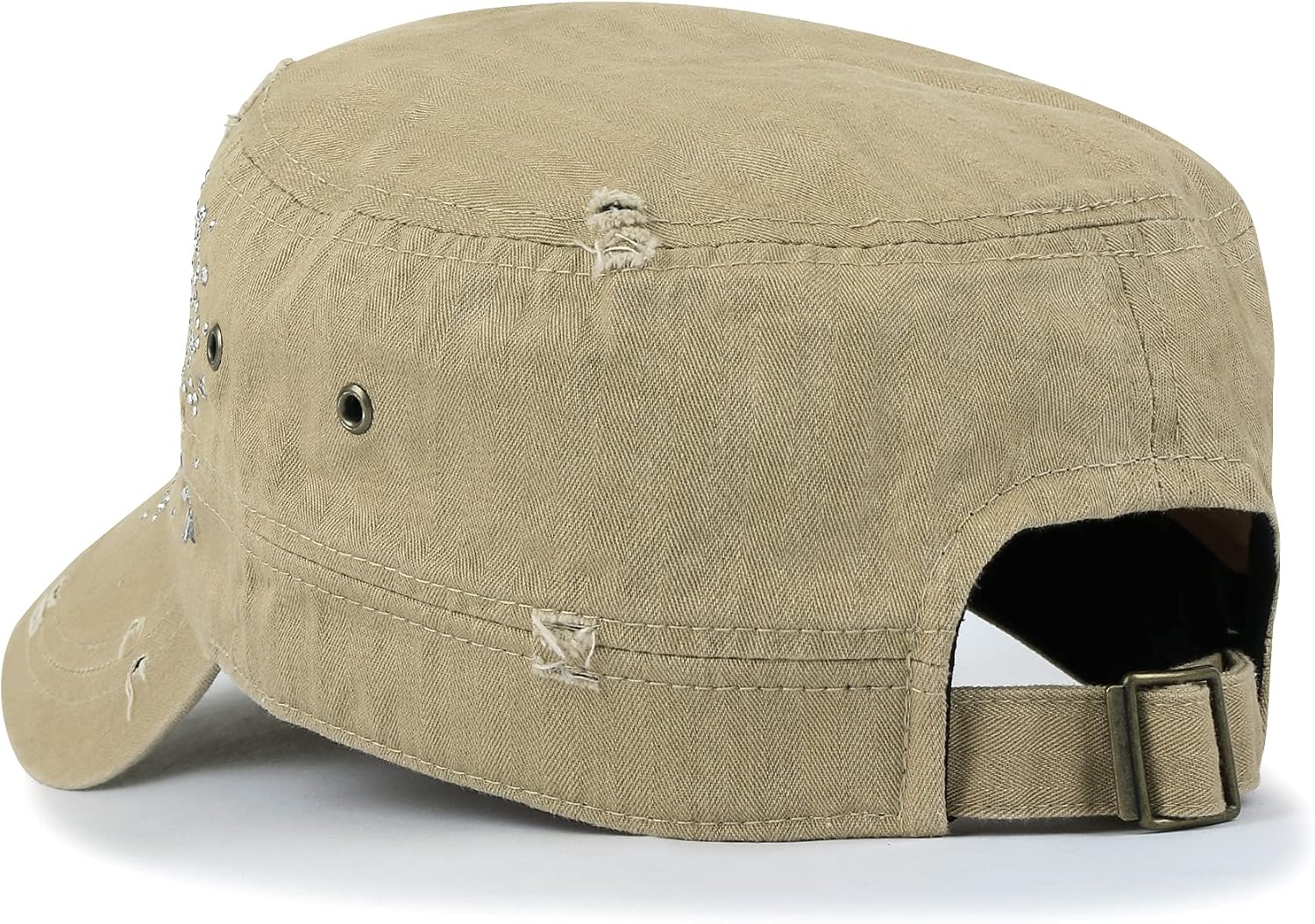 ililily Rhinestone Cotton Cadet Cap Vintage Distressed Cotton Military Army Hat