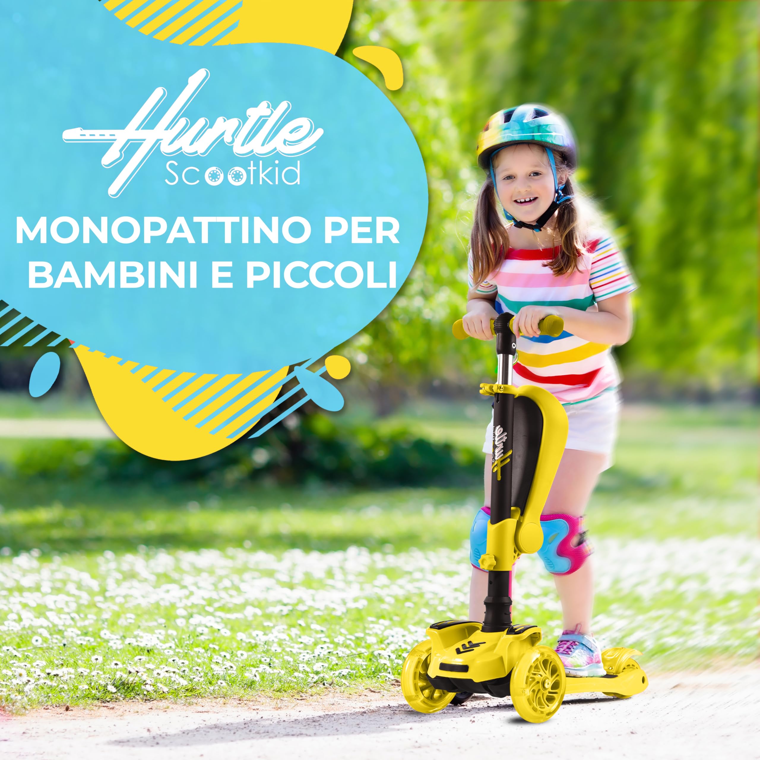 Hurtle Monopattino Bambino, Monopattino Bambina, Monopattino a 3 Ruote, Regolabile in Altezza con Sedile Pieghevole, Scooter per Bambini e Bambine con Ruote LED Multicolore, Dai 1 ai 14 Anni