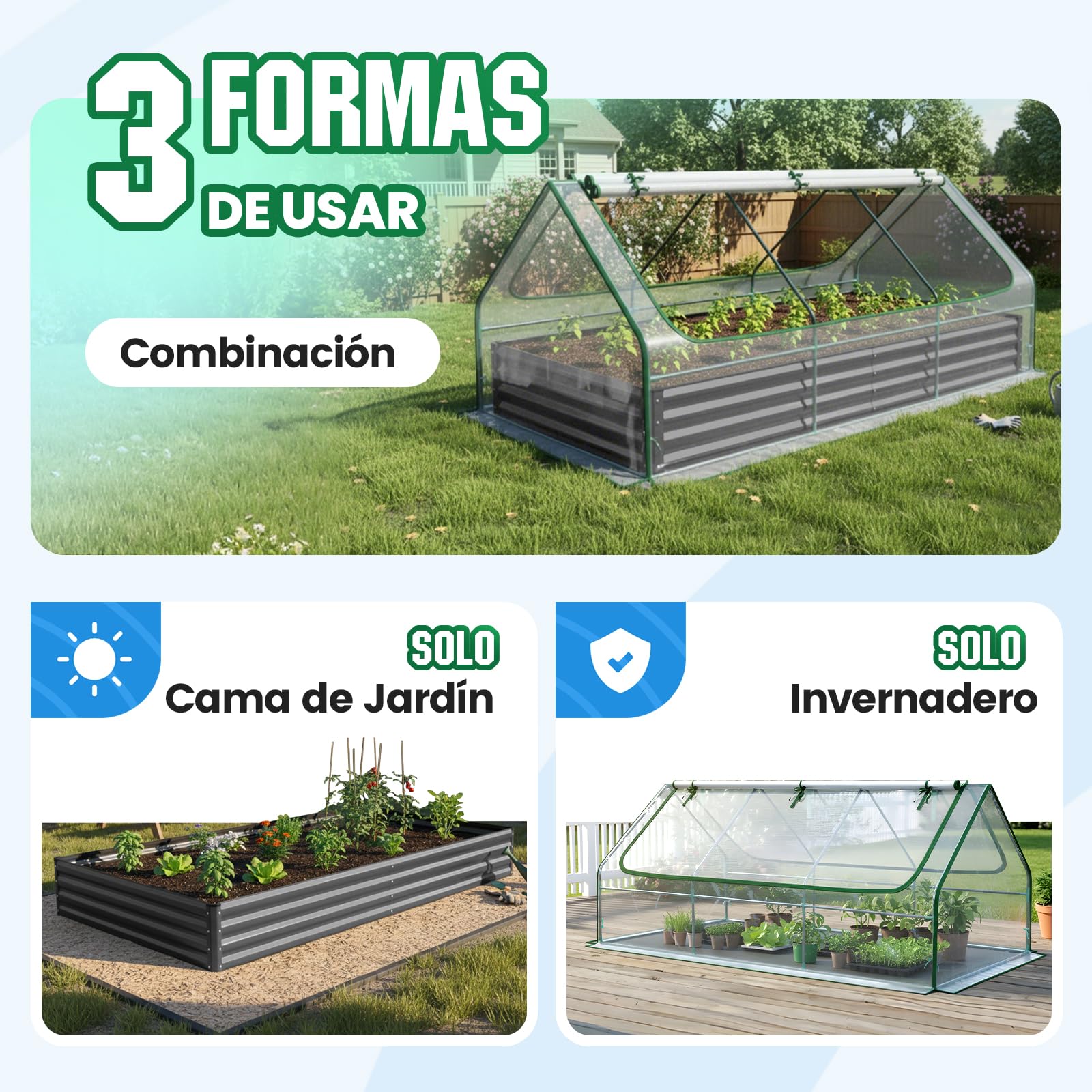 Quictent Jardineras Elevadas de Metal Galvanizado con Cubierta de Mini Invernadero, Macetero 3 en 1 Grande para Jardines, Patios y Terrazas, 240x120x30cm