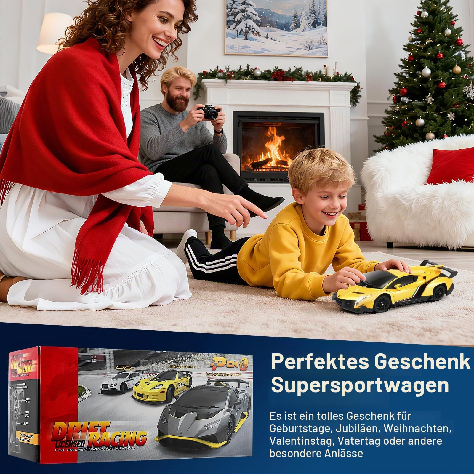 Lamborghini RC Car, 2.4 GHz Ferngesteuertes Auto, 1:18 4WD RC Drift Auto mit LED Leuchten, 35 KM/H Mini Drift Auto Ferngesteuert für Jungen ab 6 7 8 9 10 11 12+ Jahre(Gelb)
