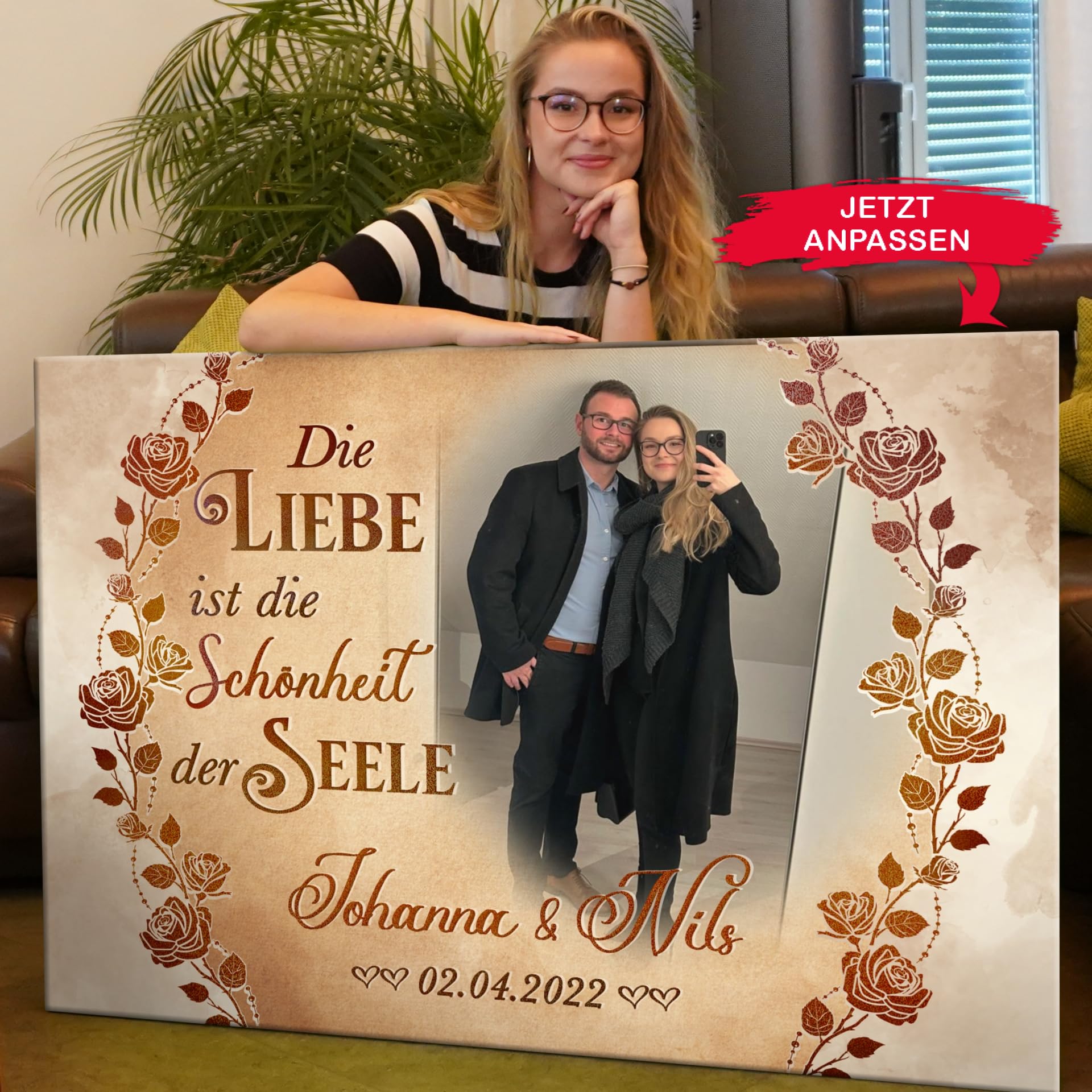 Liebesleinwand | Leinwand mit Foto, Namen und Datum | Wandbild gestalten eigenes Foto, Jahrestag Geschenk für Frauen und Männer | Seelenpartner
