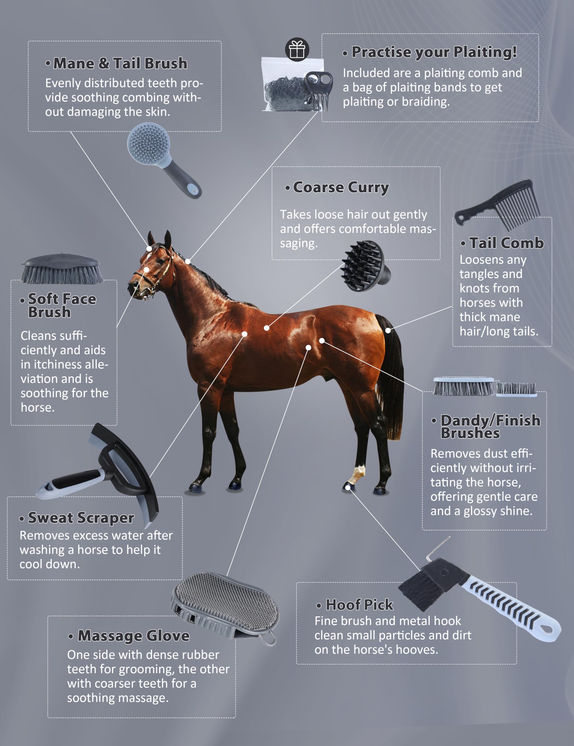 Harrison Howard Kit de aseo de caballos de 9 piezas Equine Care Series - Juego de cepillos para caballos con bolsa organizadora negra