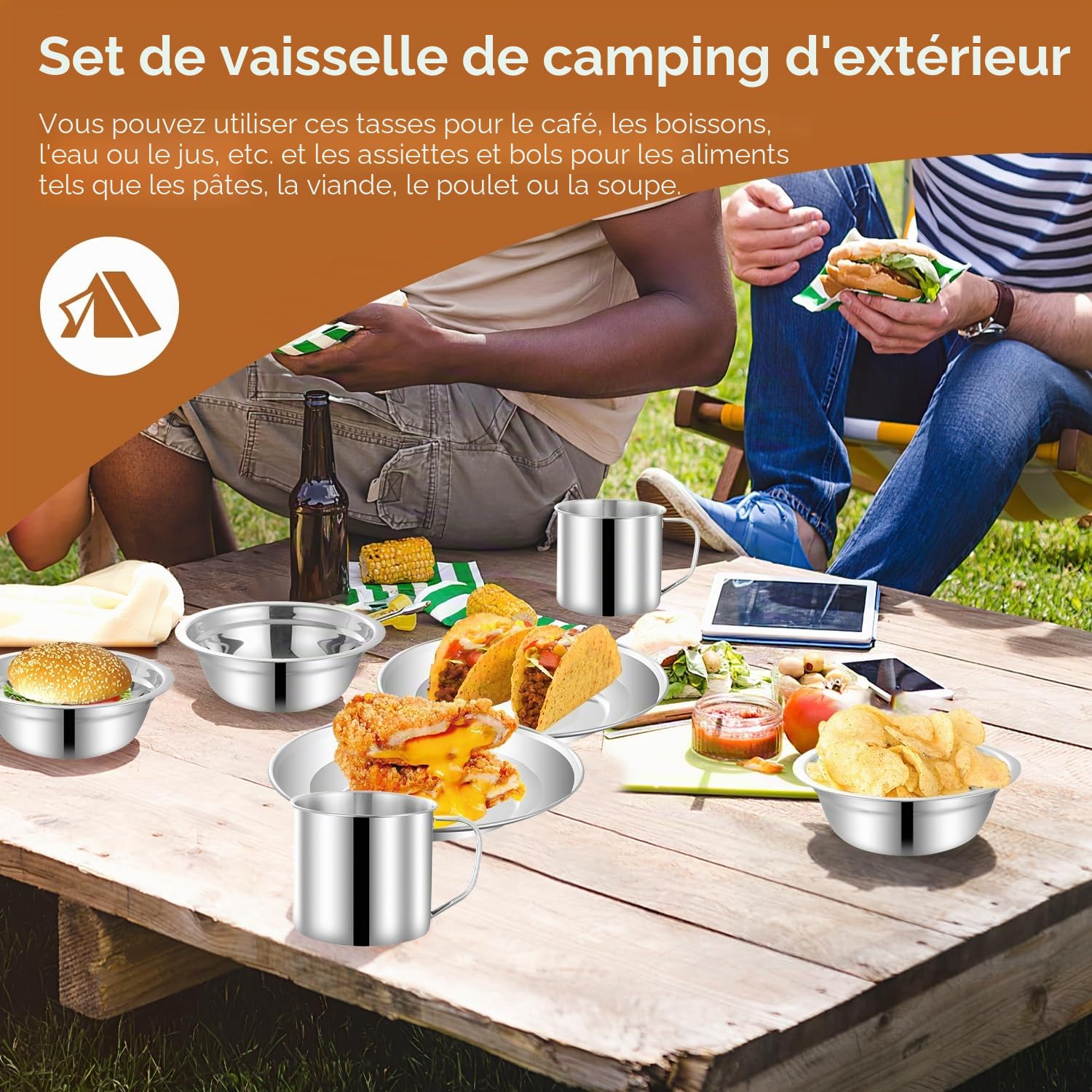 Tissting 24 Pièces Lot de Ustensiles de Cuisine de Camping pour 4 Personnes, Kit Cuisine de Camping, Vaisselle de Camping en Acier Inoxydable avec Assiettes, Tasses, Cuillères, Fourchettes Couteaux