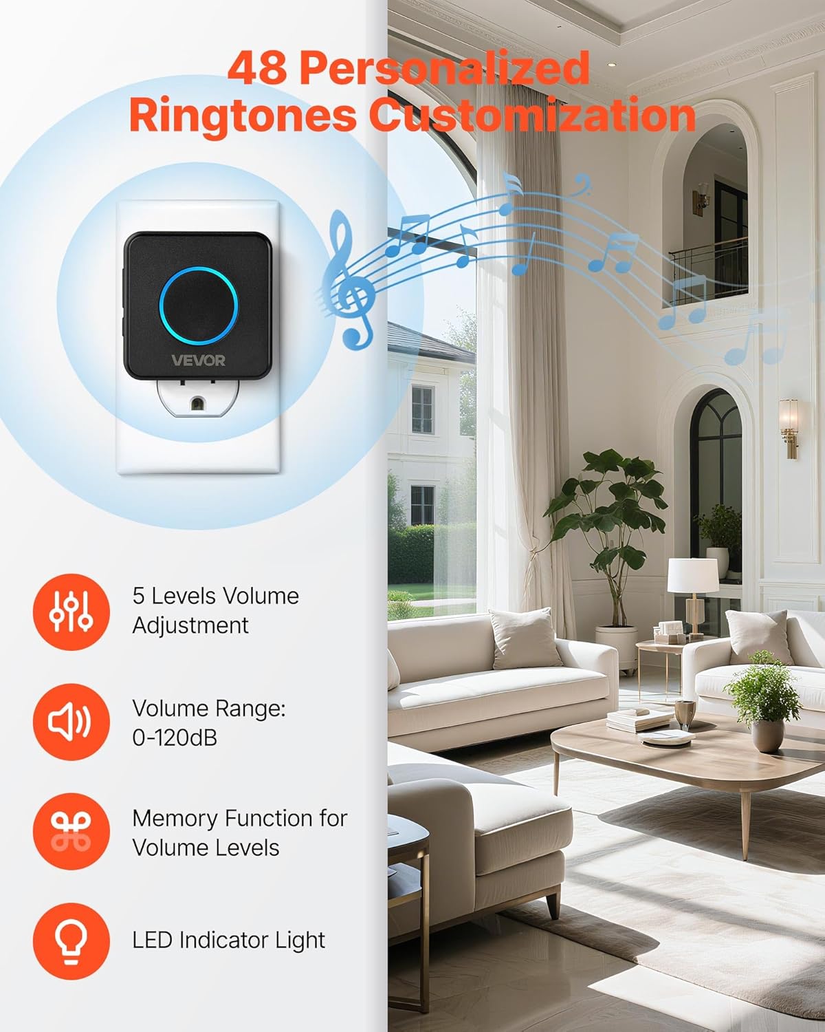 VEVOR Wireless Doorbell Kit, IP54 Waterproof Door Chime Ranges up to 1000 ft, 5 Adjustable Volumes, 48 Ringtones, Easy Installation, Wireless Doorbell Ideal for Home, Doorway, Classroom, Office, Black