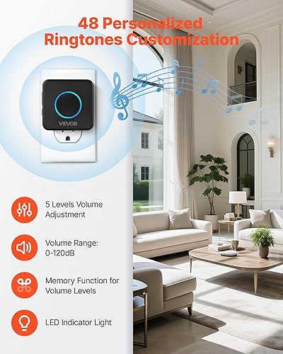Miniatura 3 de VEVOR Kit de timbre inalámbrico, IP54 resistente al agua con rangos de hasta 1000 pies, 5 volúmenes ajustables, 48 tonos de llamada, fácil