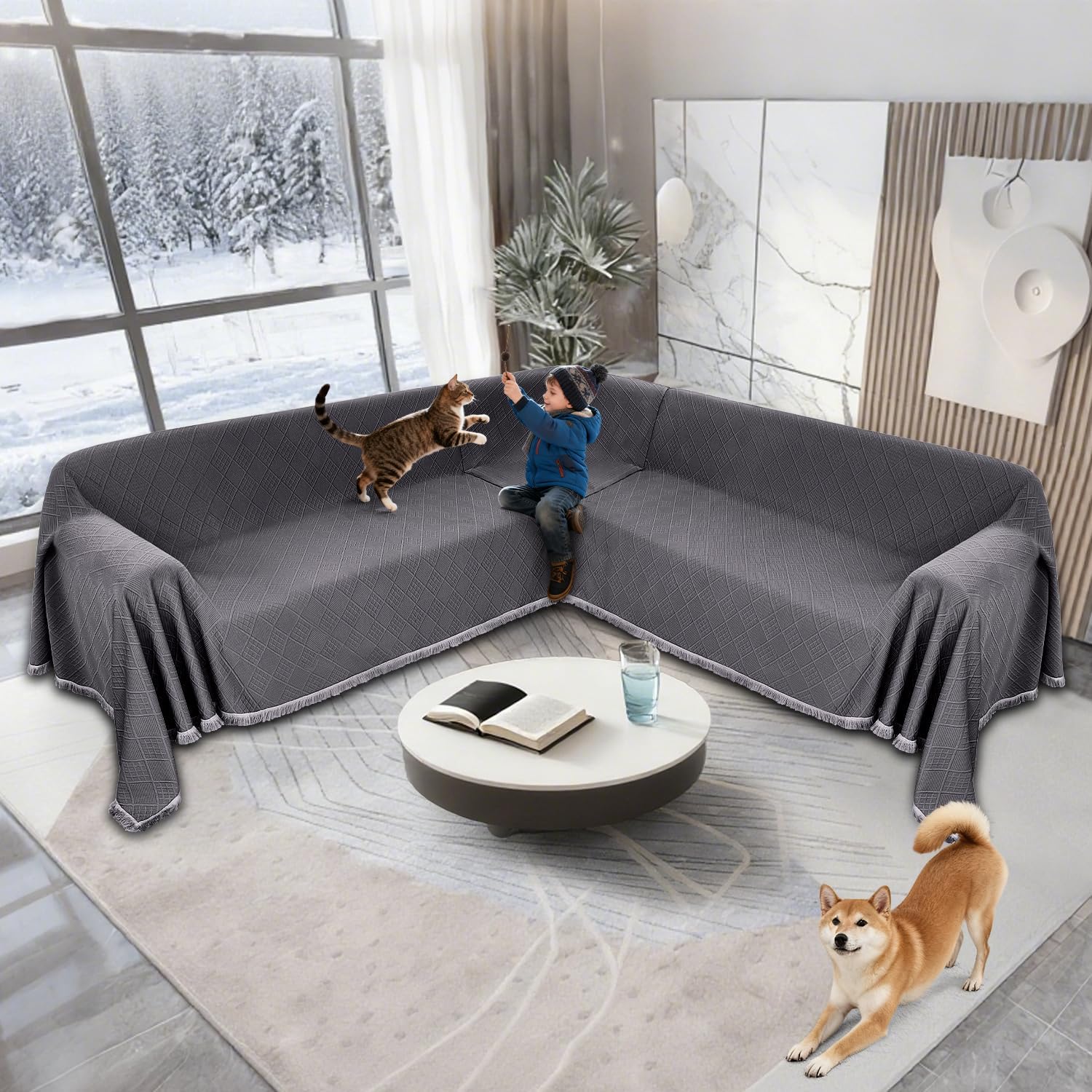 Waterproof Sectional Couch Covers Sectional Sofa Cover L Shaped Corner Sofa Slipcovers Blanket for Dogs Pets Washable Jacquard Quilted L Shape Furniture Protector (75x276 in, Charcoal Gray)