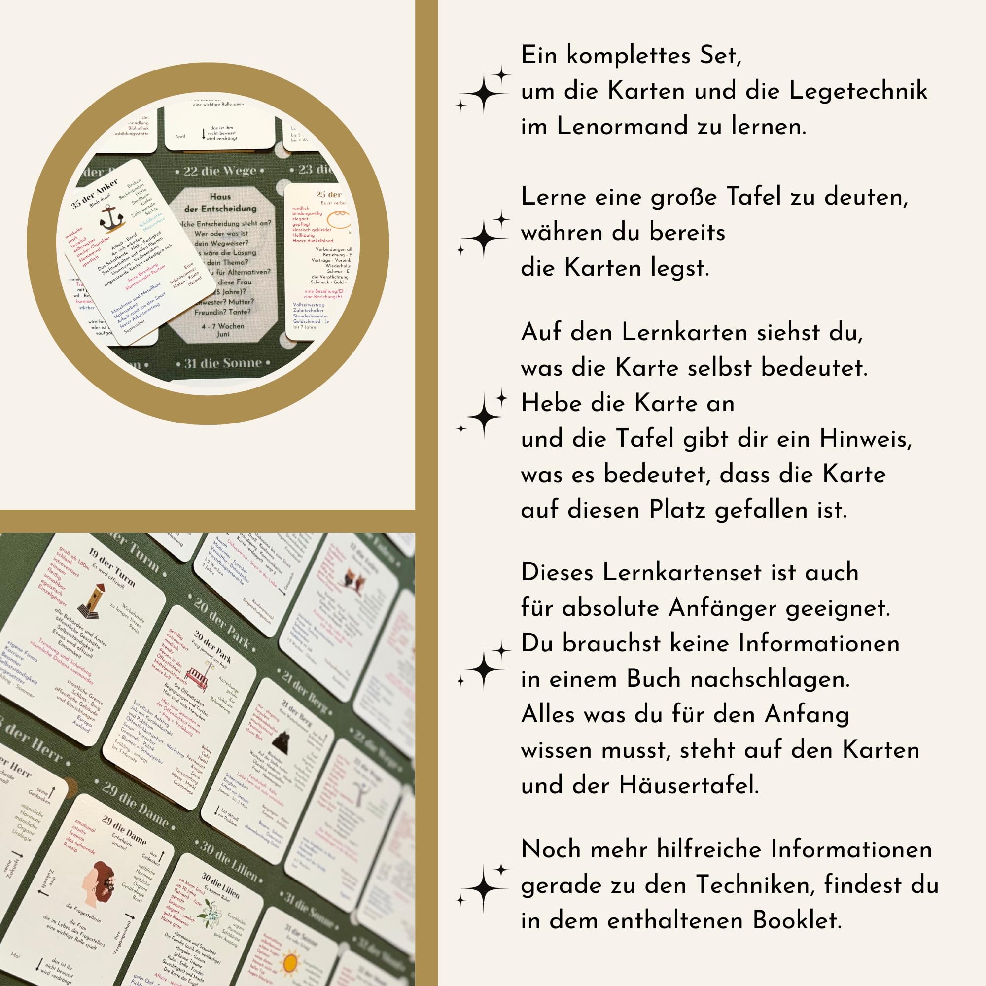 Lenormand Lernkartenset 9x4 für Anfänger und Fortgeschrittene | Grand Tableau Lenormanddeck, Legeschablone als Tuch, Booklet, Kartenlegen lernen