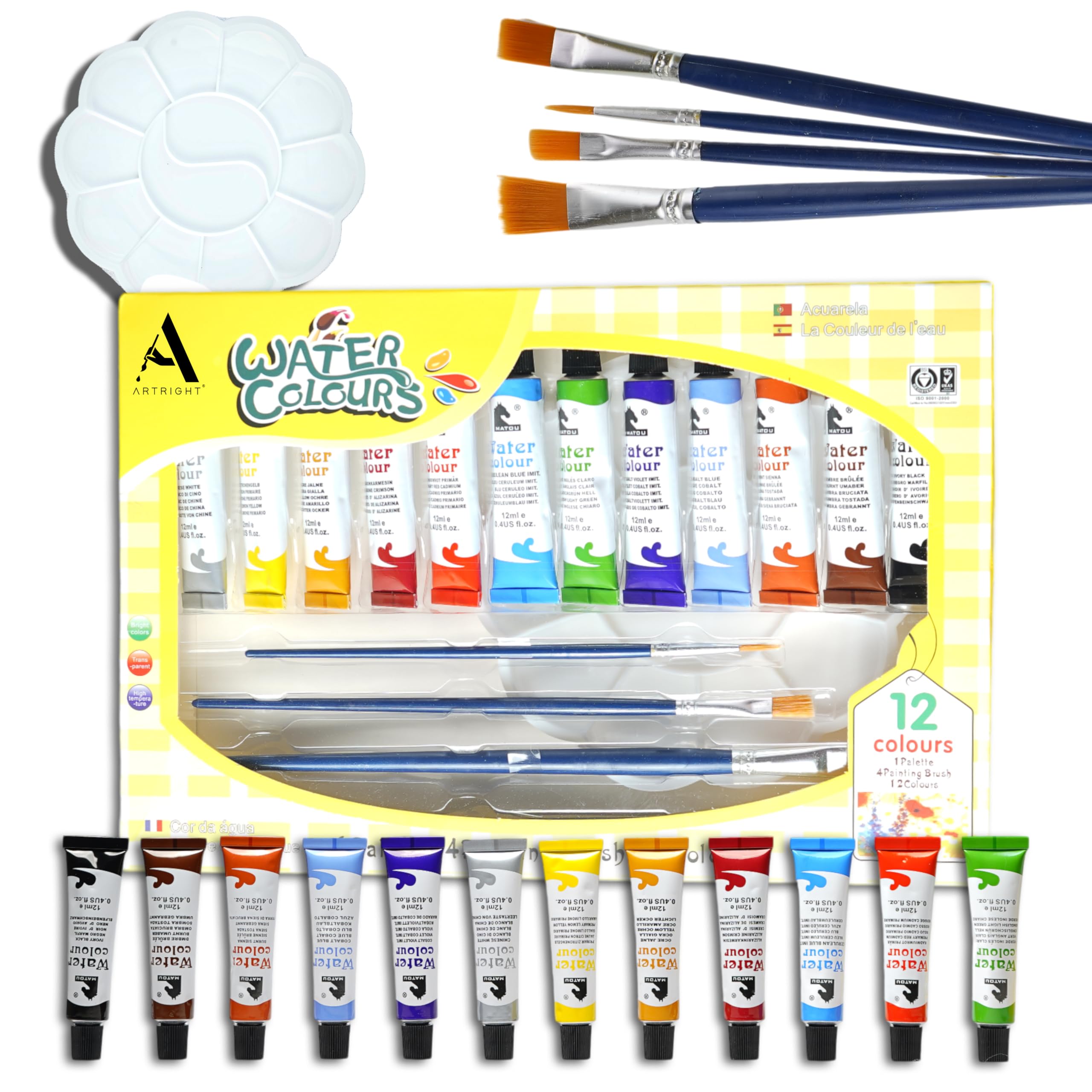 ArtRight 12 x 12ml Water Colour Paint Set with 4 Free Paint Brushes -Acid-Free, Non-Toxic Multicolored Artists Watercolors for Painting (12ml, 0.4 oz)
