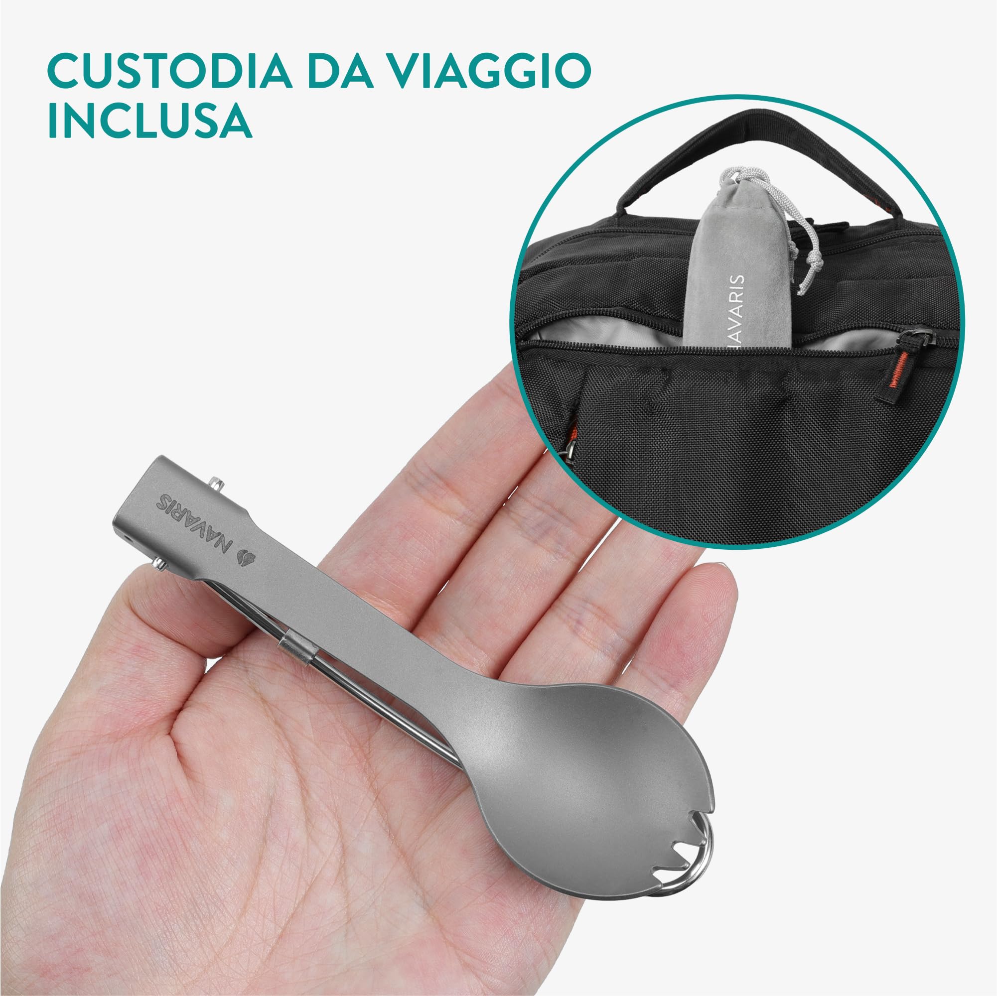 Navaris Spork Pieghevole - Cucchiaio Forchetta 2 in 1 da 21,5 cm - Posate da Campeggio Pieghevoli in Acciaio Inox e Titanio - Include Portaposate da Viaggio in Flanella