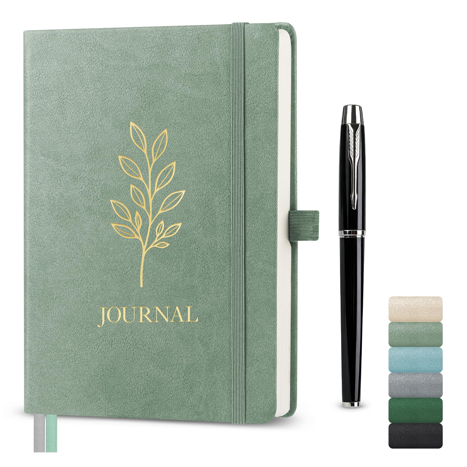 Traimber-seven A5 Lined Journal Notebook, Hardcover Vegan Leather Notebook with Gold Olive Leaf Embossing, 192 Pages 100gsm FSC Paper, Elastic Closure & Pen Holder (Sage Green)